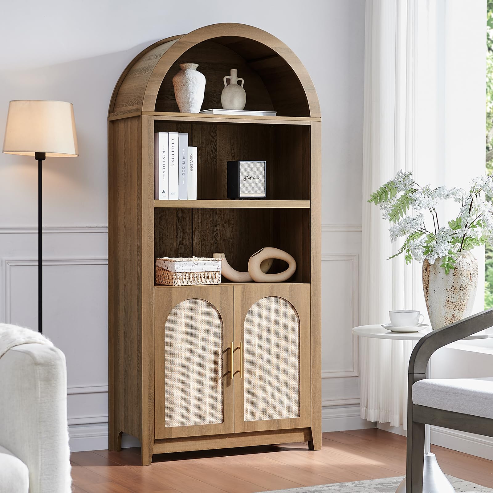Rattan Arched Cabinet Bookshelf - 69.3” Tall Mid Century Display Cabinet, Rounded Bookcase with Rattan Doors, Open Shelf Storage for Dining Room (Caramel Oak, 1 PC)