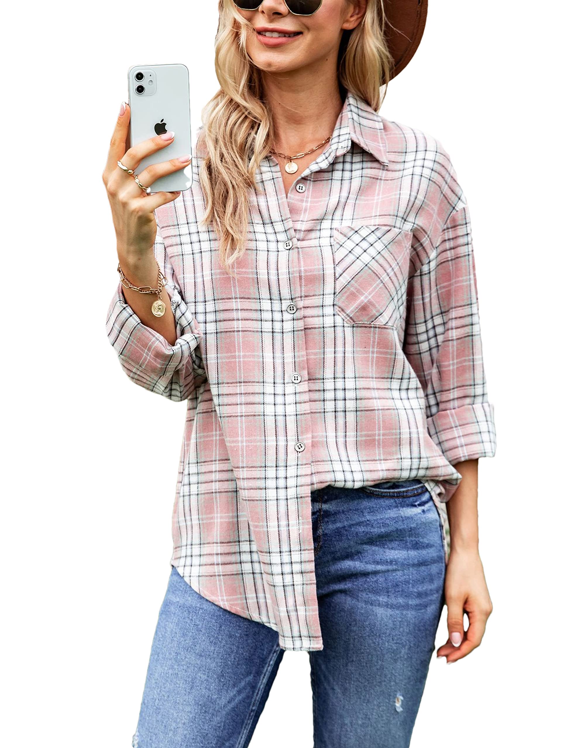 MegfieOversized Womens Flannel Plaid Soft Flannel Button Down Shirt Roll Up Long Sleeve Flannel Plaid Shirt Blouses Women