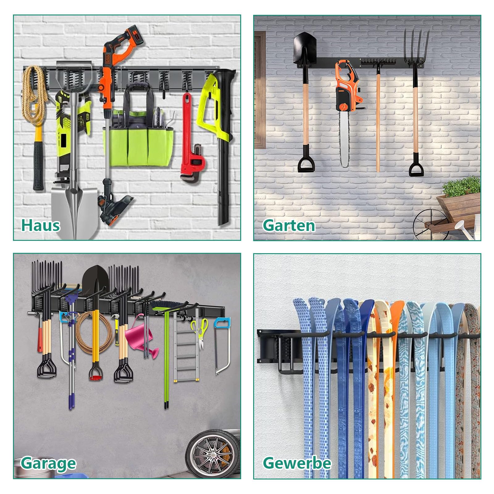 Gerätehalter Wandhalterung, 200cm Gartengerätehalter Metall mit 5 Schienen, Besenhalterung Wand mit 15 Verstellbaren Metallhaken, Tool Organizer Wandhalterung für Besen, Schaufel, Gartengeräte