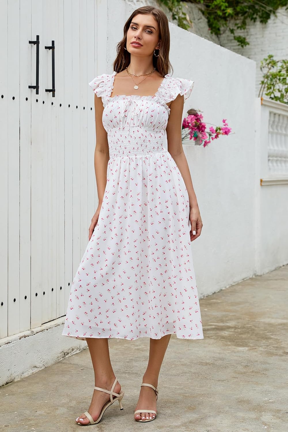 Women's 2026 Summer Flowy Maxi Dresses Casual Ruffle Sleeve Square Neck Smocked Waist Beach Vacation A Line Long Dress - Image 5