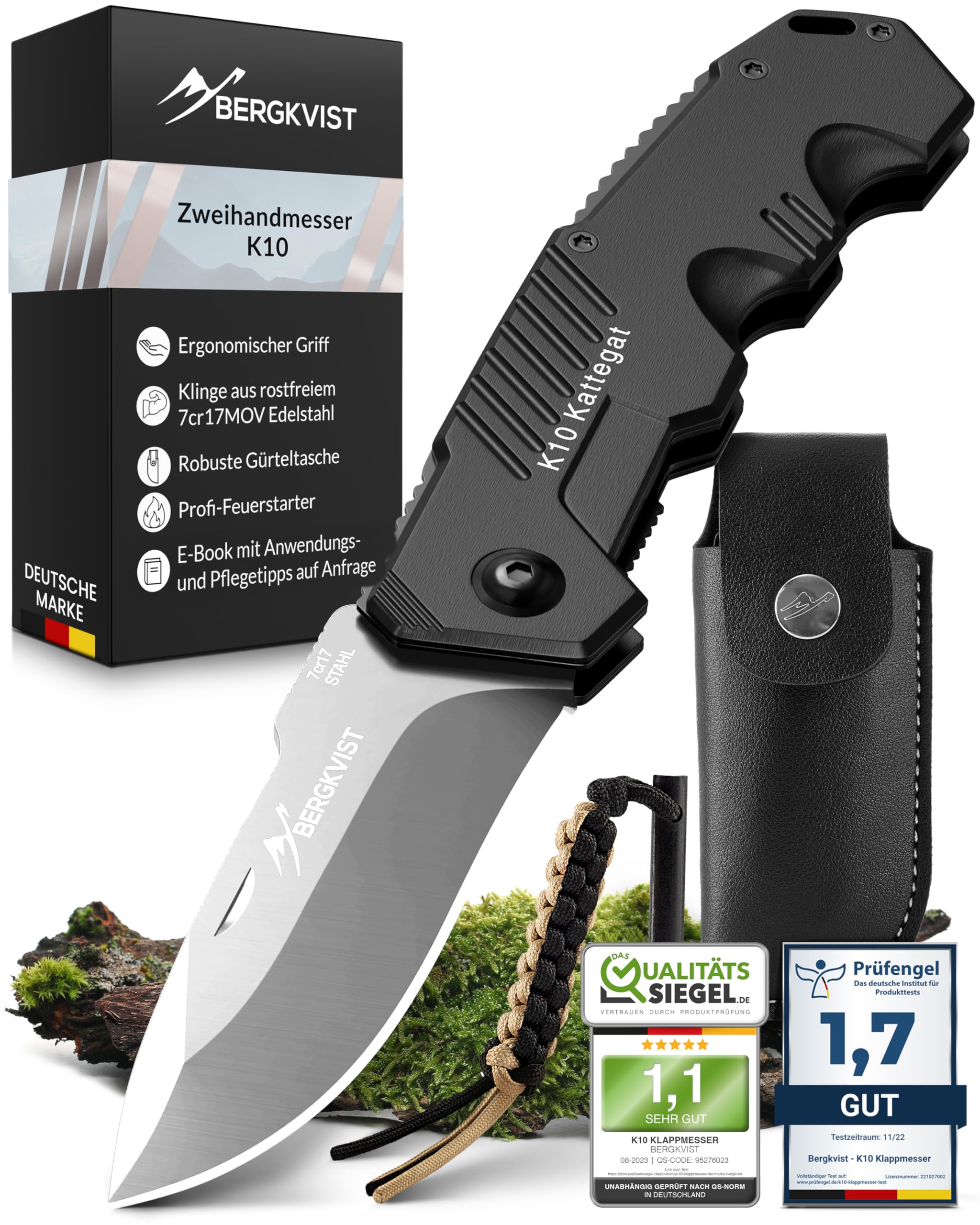 BERGKVIST® K10 Klappmesser (Zweihandmesser) - scharfes Taschenmesser für Outdoor & Survival mit Feuerstahl & Tasche - Mitführen in Deutschland erlaubt - Stahlglanz