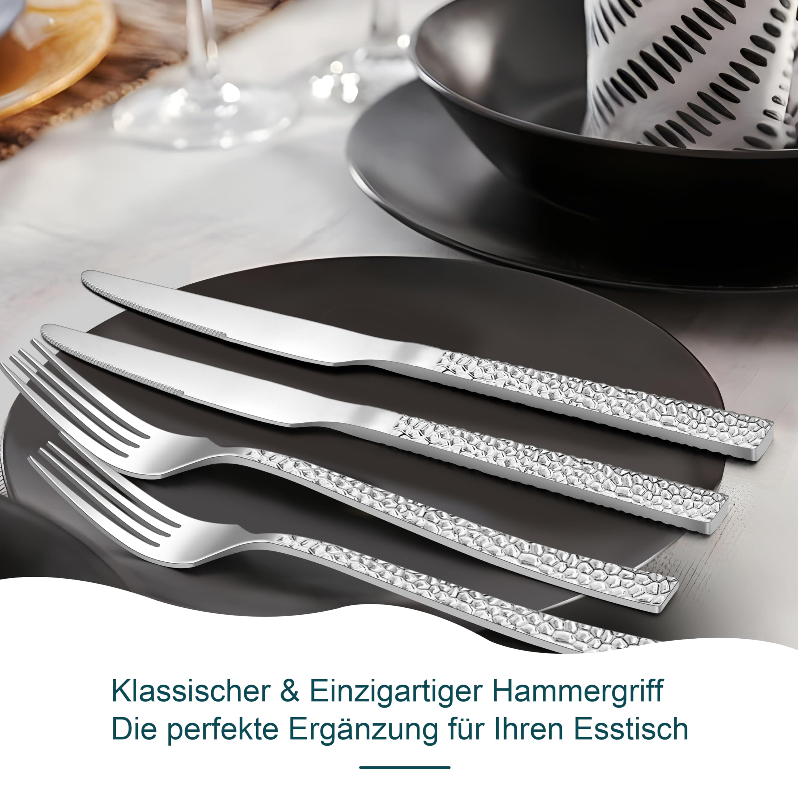 HaWare Couverts à steak pour 12 personnes, 24 pièces, couteau et fourchette de table en acier inoxydable, couteau et fourchette avec poignée marteau pour steak/pizza, passe au lave-vaisselle