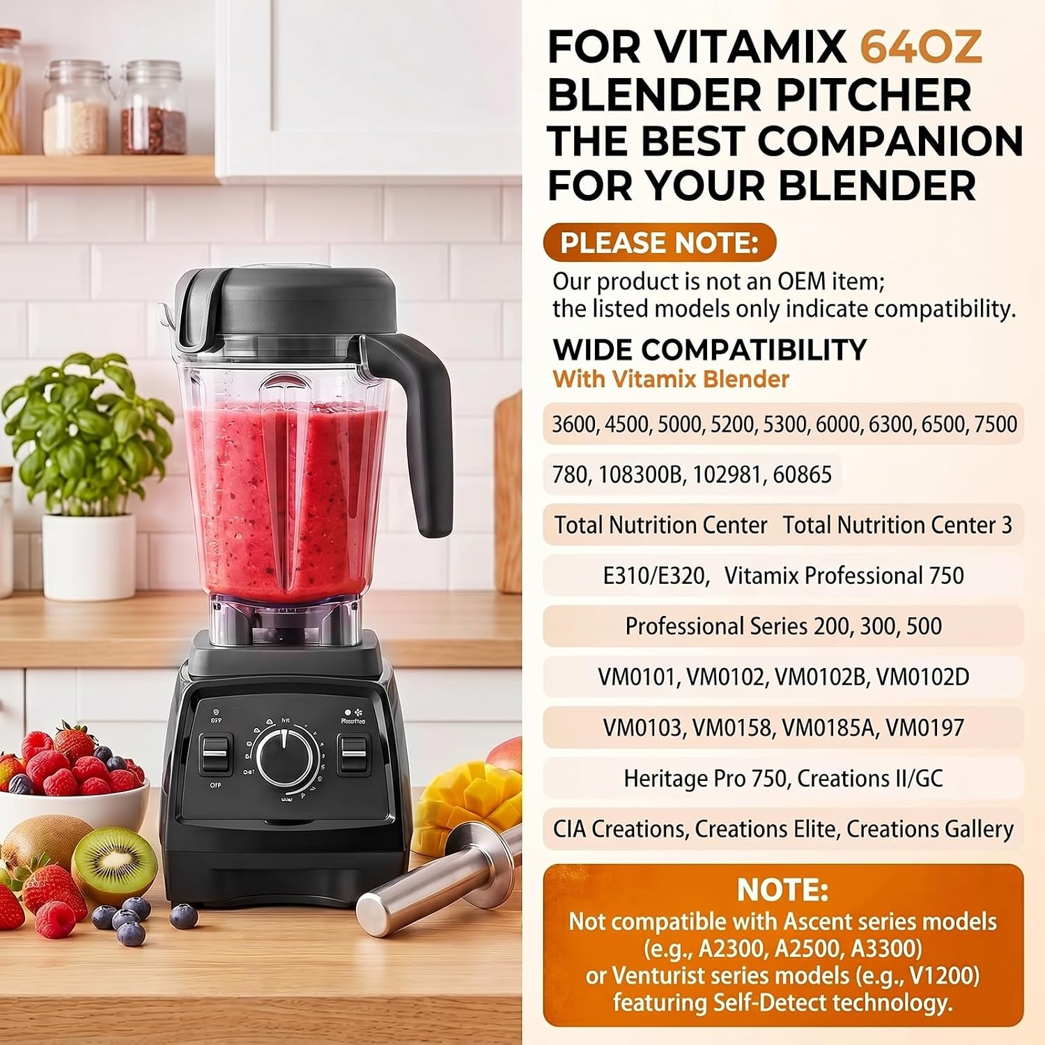 64oz Low-Profile Blender Pitcher Container Compatible with Vitamix 5200 5300 6300 7500 750 E310 E320 VM0102 VM0103 VM0197, BPA-Free,Replacement Jar Cup for Classic Explorian Commercial Series