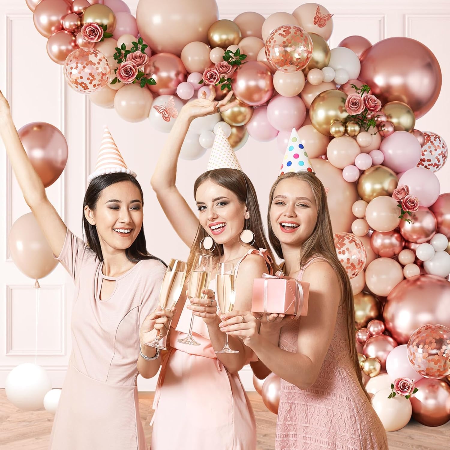 132pcs Rose Gold Balloons Garland Arch Kit, Rose Gold Birthday Decorations with Metallic Rose Gold Pearl White Nude Confetti Balloons for Women Birthday Wedding Baby Bridal Shower Party Decorations