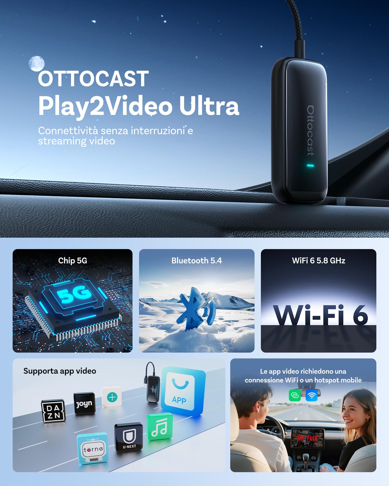 2026 Nuovo OTTOCAST Play2video Ultra, Adattatore CarPlay & Android Auto Wireless con YouTube Netflix, Plug & Play Chip 5G, WiFi6, 4GB+32GB Carplay AI Box per auto con CarPlay cablato dopo il 2016