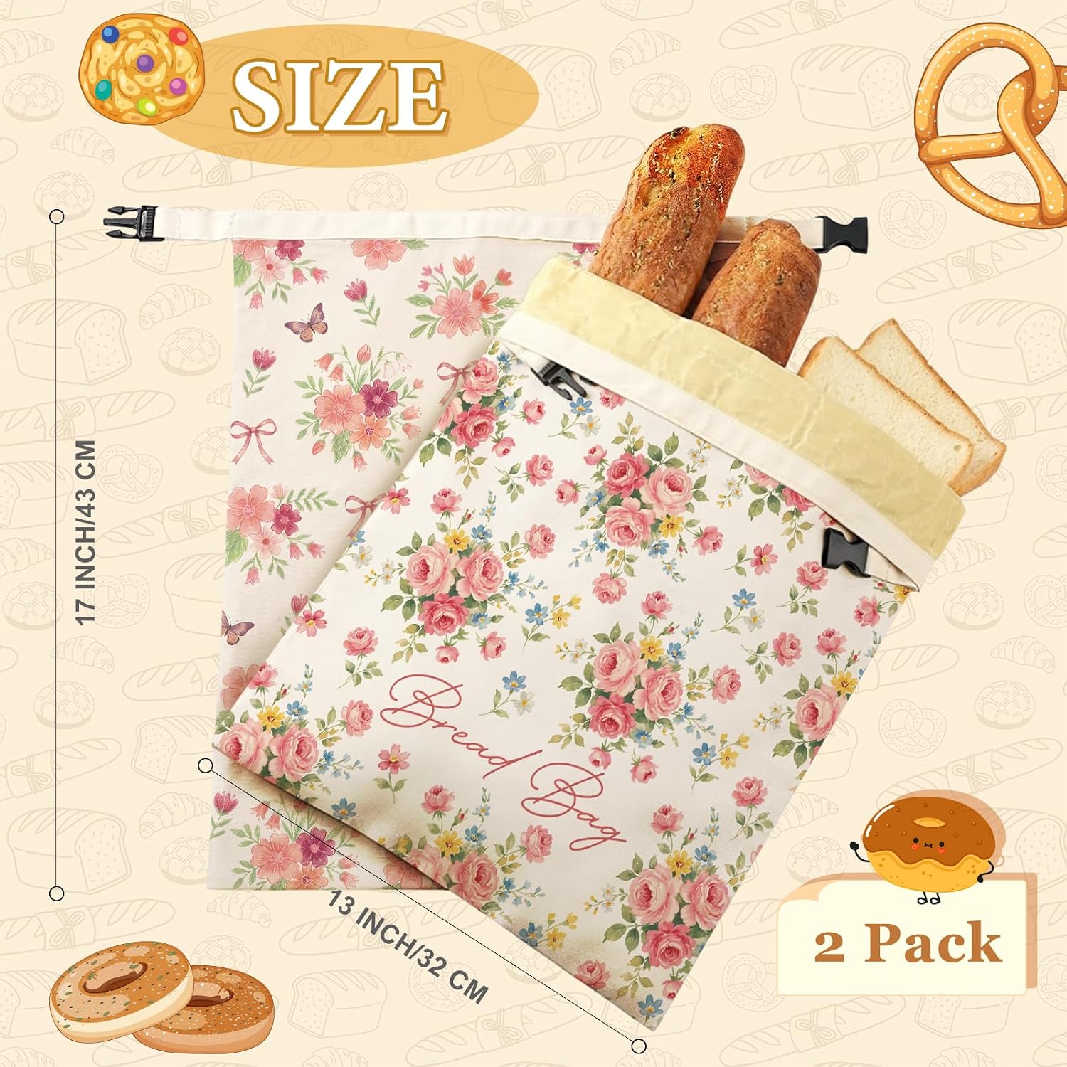 2 Pack Beeswax Bread Bags for Sourdough, 17x13 Inch Reusable Linen Beeswax Bread Bag with Buckle to Keeps Homemade Bread Freshness for Food Storage(Pink Floral)