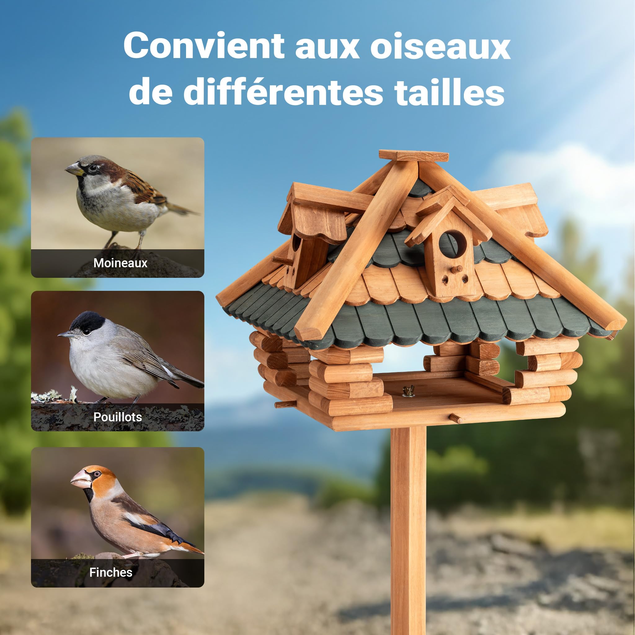 Vogelfutterhaus mit Ständer aus Tannenholz 115cm Wildvögel Vogelhaus mit Gauben