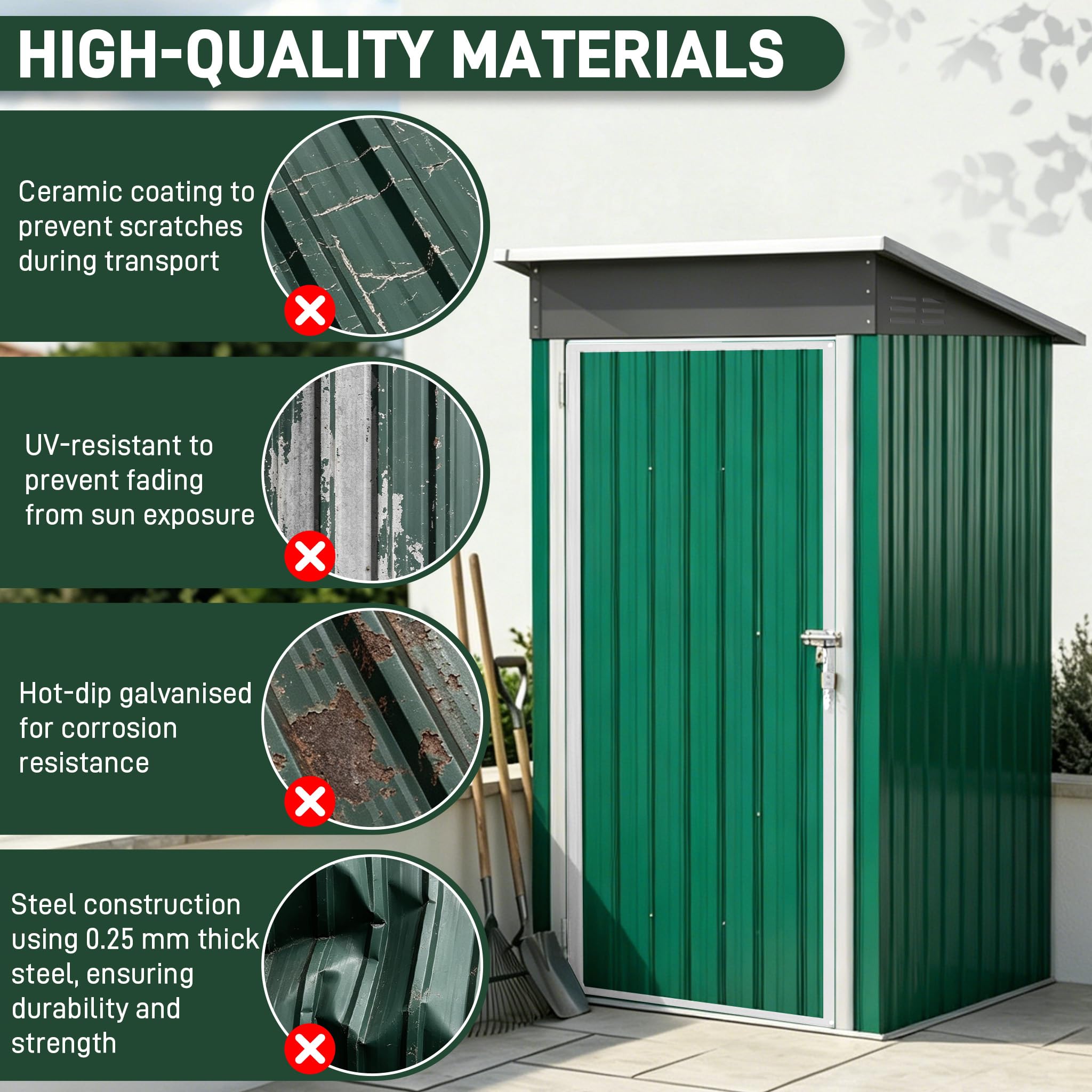 UISEBRT Cobertizo de metal 1,5 m³ 108 x 91 x 185 cm, resistente a la intemperie, con techo inclinado y orificios de ventilación, caseta de jardín con cerradura para herramientas de jardín