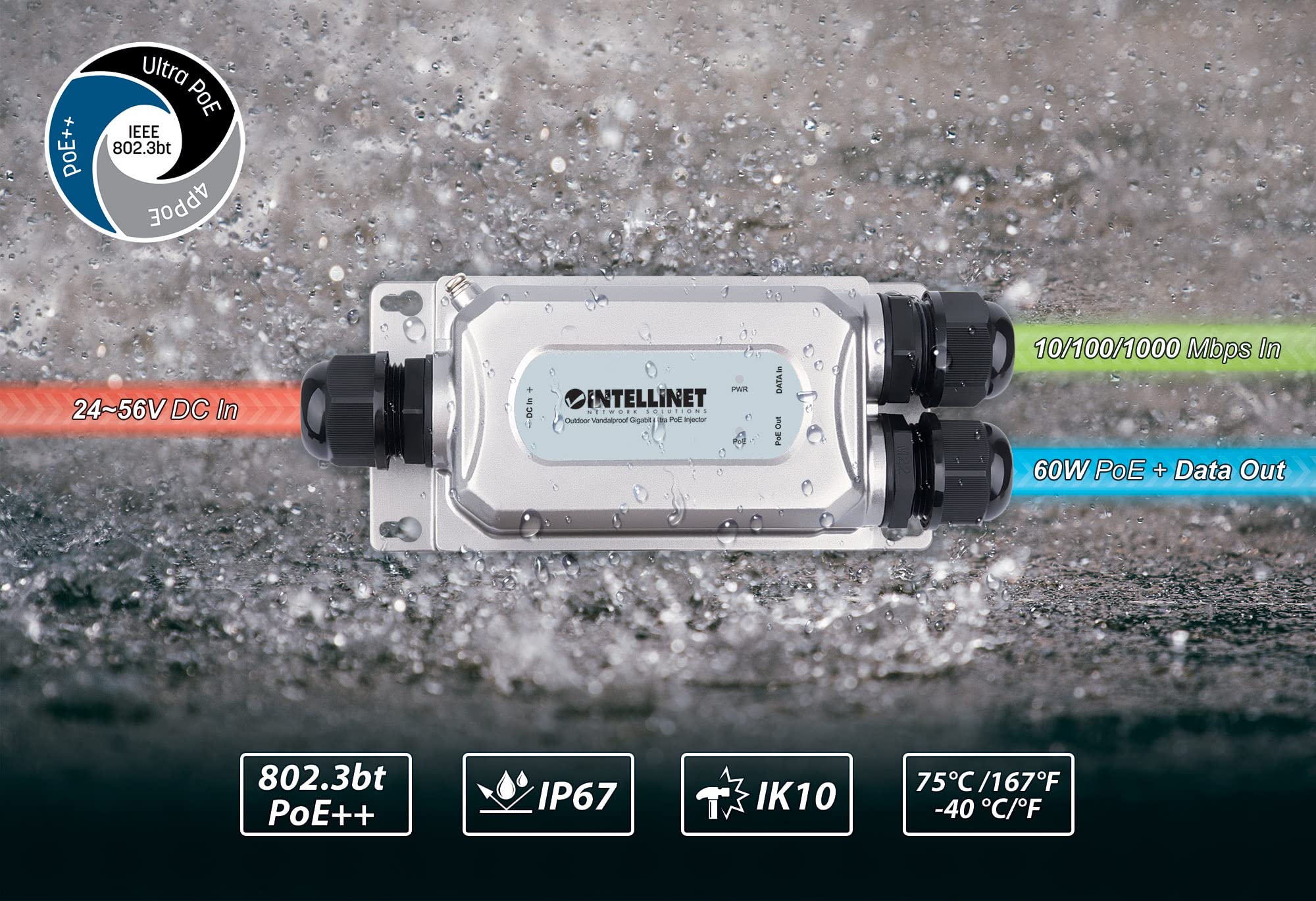 Intellinet Outdoor Industrial Gigabit PoE++ Injector – Up to 60W High Power – Metal Housing, IK10-rated Vandalproof, IP67-rated Dustproof Waterproof – 3 Yr Mfg Warranty - 561785