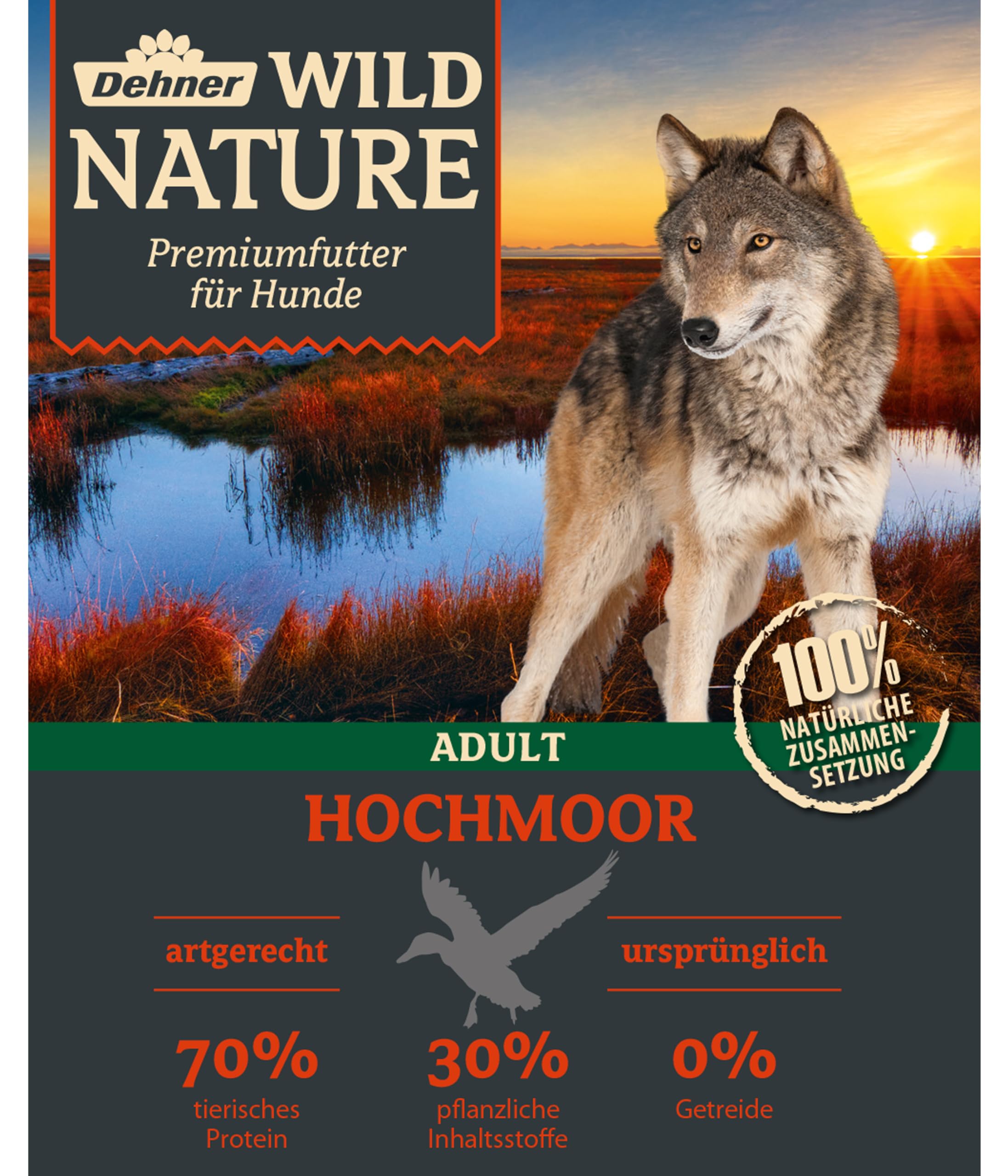 Dehner Wild Nature karma dla psów wysokich, sucha karma bez zbóż/bez cukru, dla dorosłych psów, kaczka, 12 kg