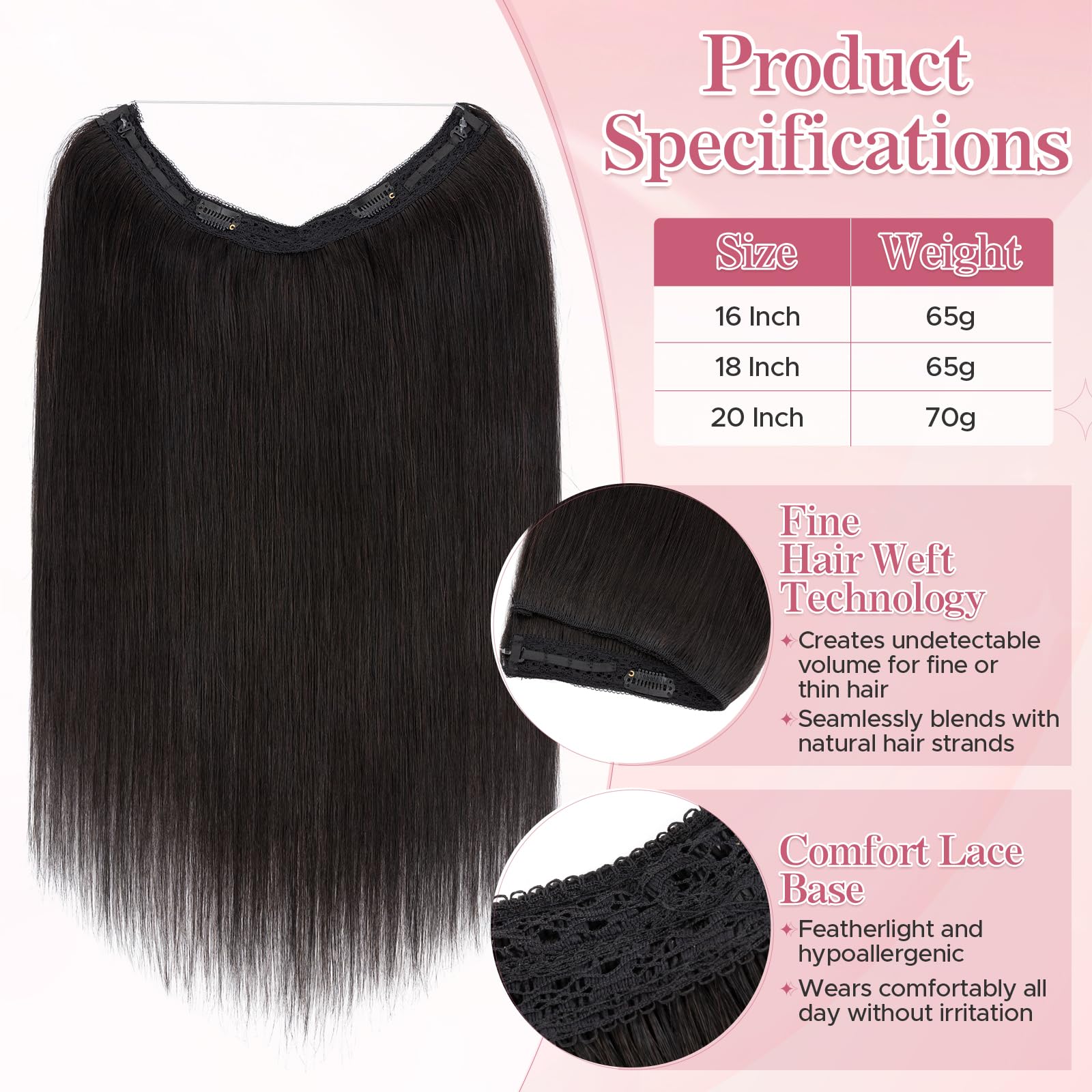 Secret Hair Extensions Echthaar Haarverlängerung mit Draht Haarteile 1 Tresse Invisible Wire adjustable für Damen 50 cm - 70g Naturschwarz #1B