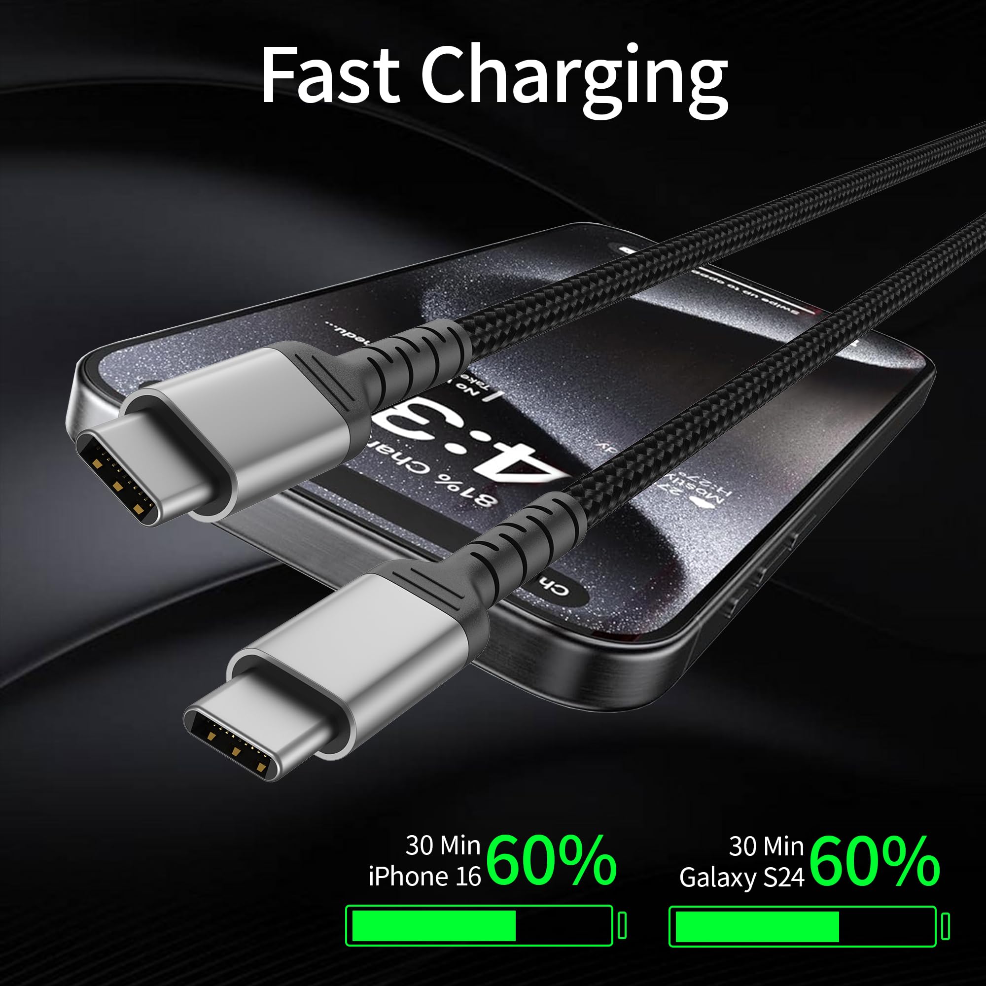 ADILIFT - Cavo USB C a USB C, 60 W, 3 pezzi da 1 m, cavo di ricarica rapida in nylon USB C, 3 A/20 V, compatibile con MacBook/iPad/iPhone 16/15/Pro/ProMax, Galaxy S24 S23 A55 A25 A15, Huawei, Pixel 9