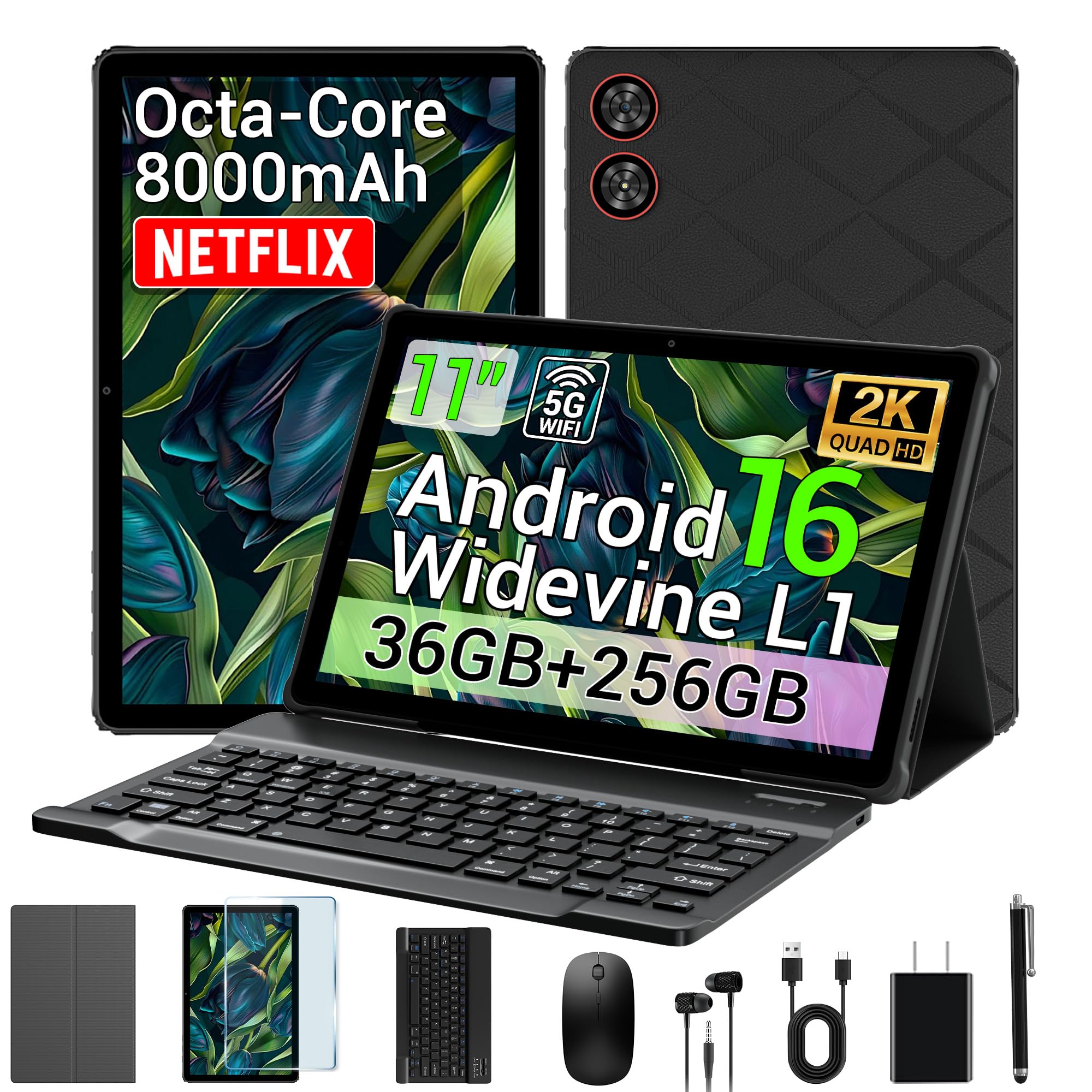 Photo 1 of WITFOCUS 2026 Android 16 Tablet 11 Inch 2K IPS 36GB RAM 256GB ROM (1TB TF) with 3-in-1 Keyboard Mouse Stylus Case – T606 8-Core, 8000mAh, Widevine L1, 8+13MP, 5G/2.4G WiFi?PC Experience-Black
