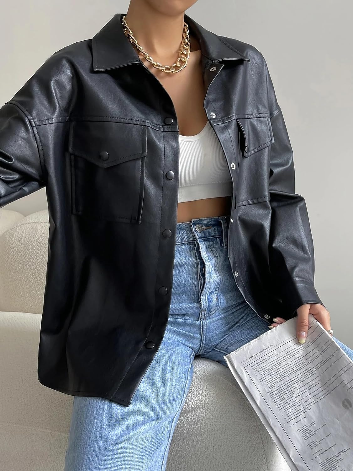 Women's Trench Coat Single Breasted Drop Shoulder PU Leather Jacket Long Sleeve Classic Overcoat