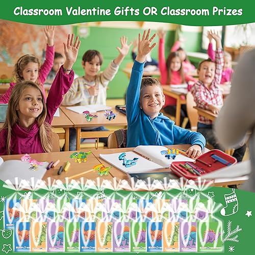 Miniatura 7 de Paquete de 24 regalos para el día de San Valentín para niños, bloques de construcción de dinosaurios con tarjetas de San Valentín para niños,
