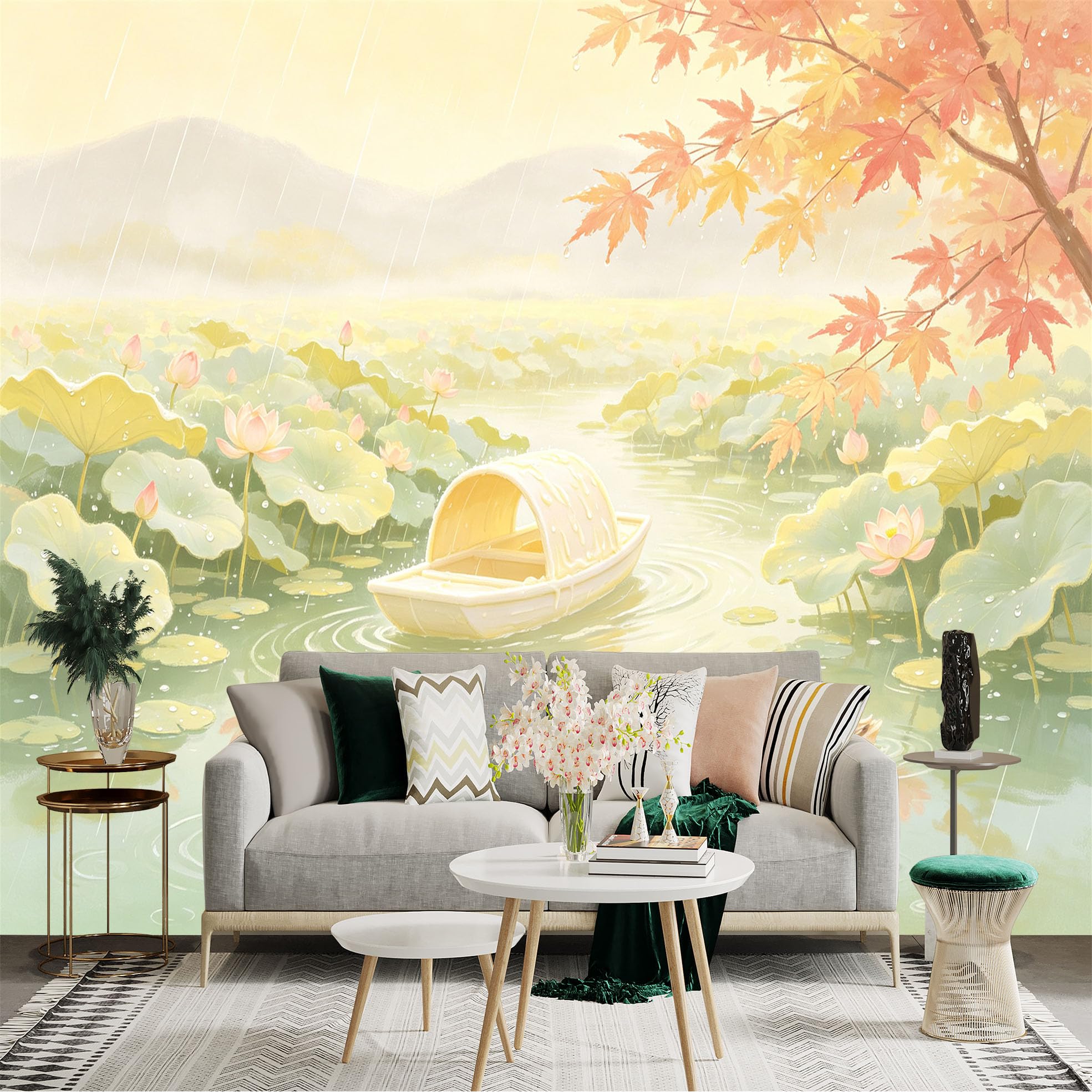 Custom Size Wall Sticker Mural， Serene Lotus Pond in Soft Rain， Floating Boat and Maple Branches， Peaceful Nature Landscape， for wall Decoration， peelandstick wall Decals.