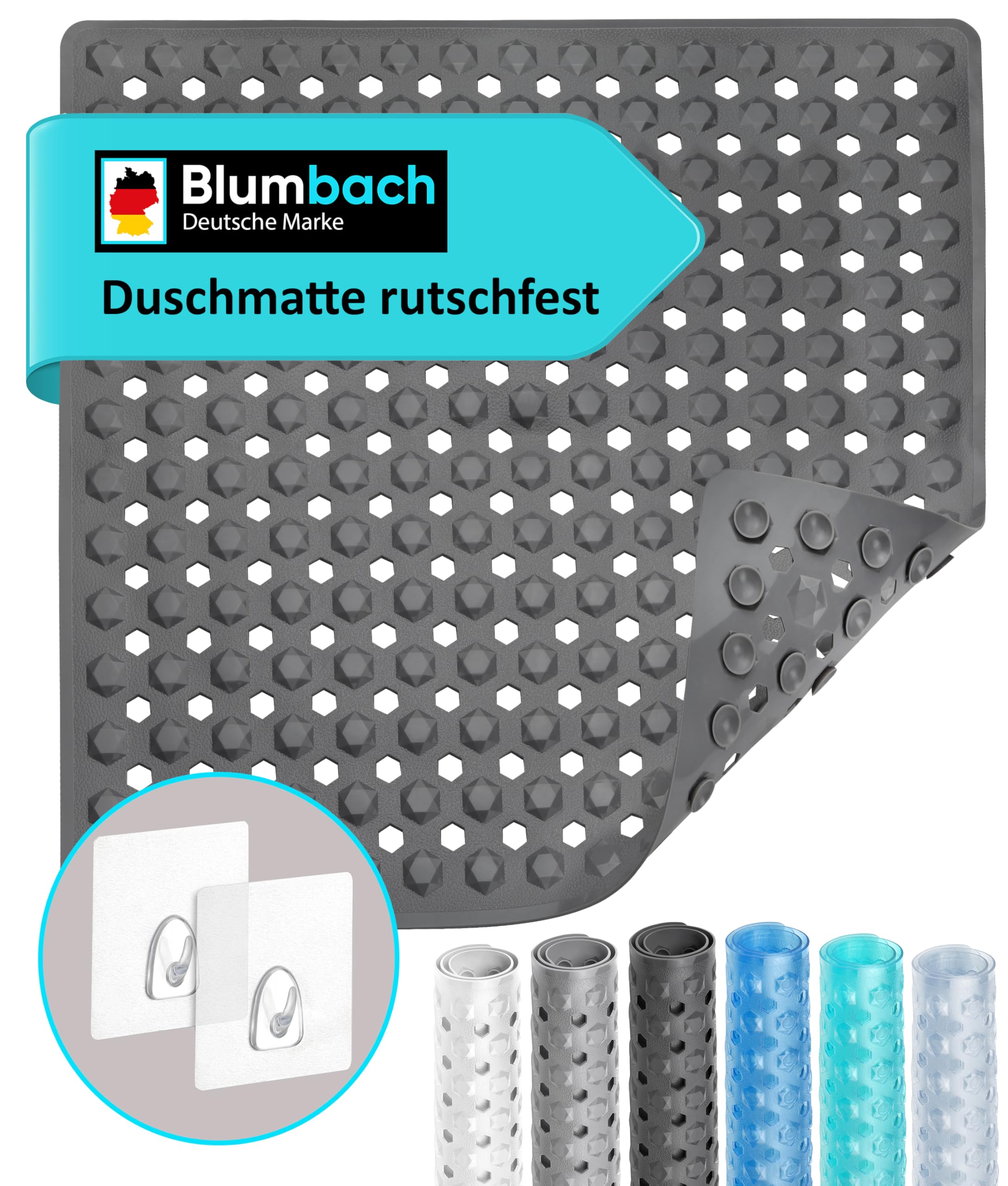 Blumbach® Duschmatte rutschfest 53x53cm - 100% BPA-frei - Inkl. 2 Haken zum Aufhängen - griffige Antirutschmatte Dusche & Badewanne, Duscheinlage, Rutschmatte schimmelresistent & maschinenwaschbar