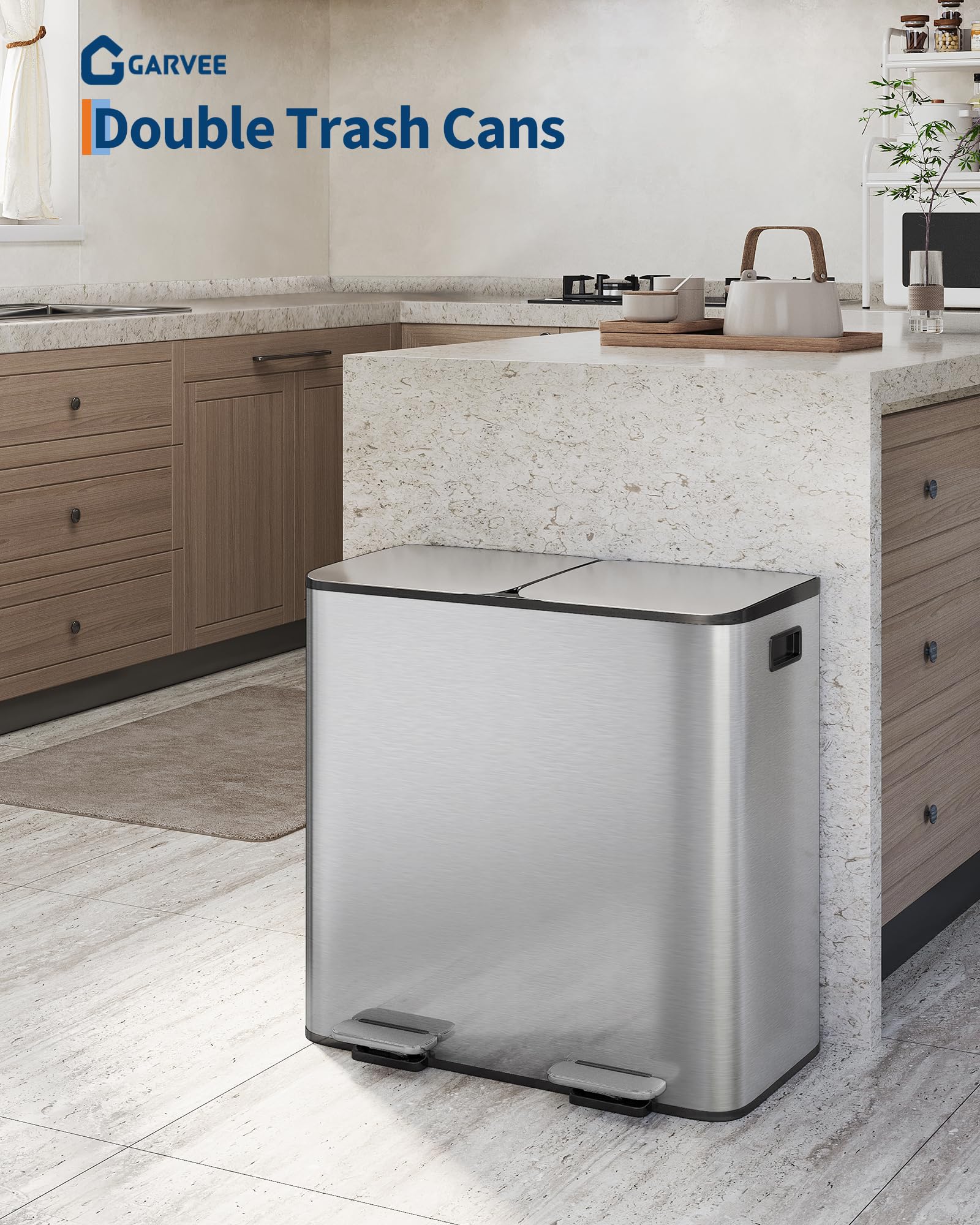 IDEALHOUSE Doppelter Küchen-Mülleimer aus Edelstahl – 2 Fächer, Soft-Close-Deckel, Tretfunktion, herausnehmbare Inneneimer, geruchsarm, für Abfall & Recycling – silberfarben, Größe: 2 * 40L