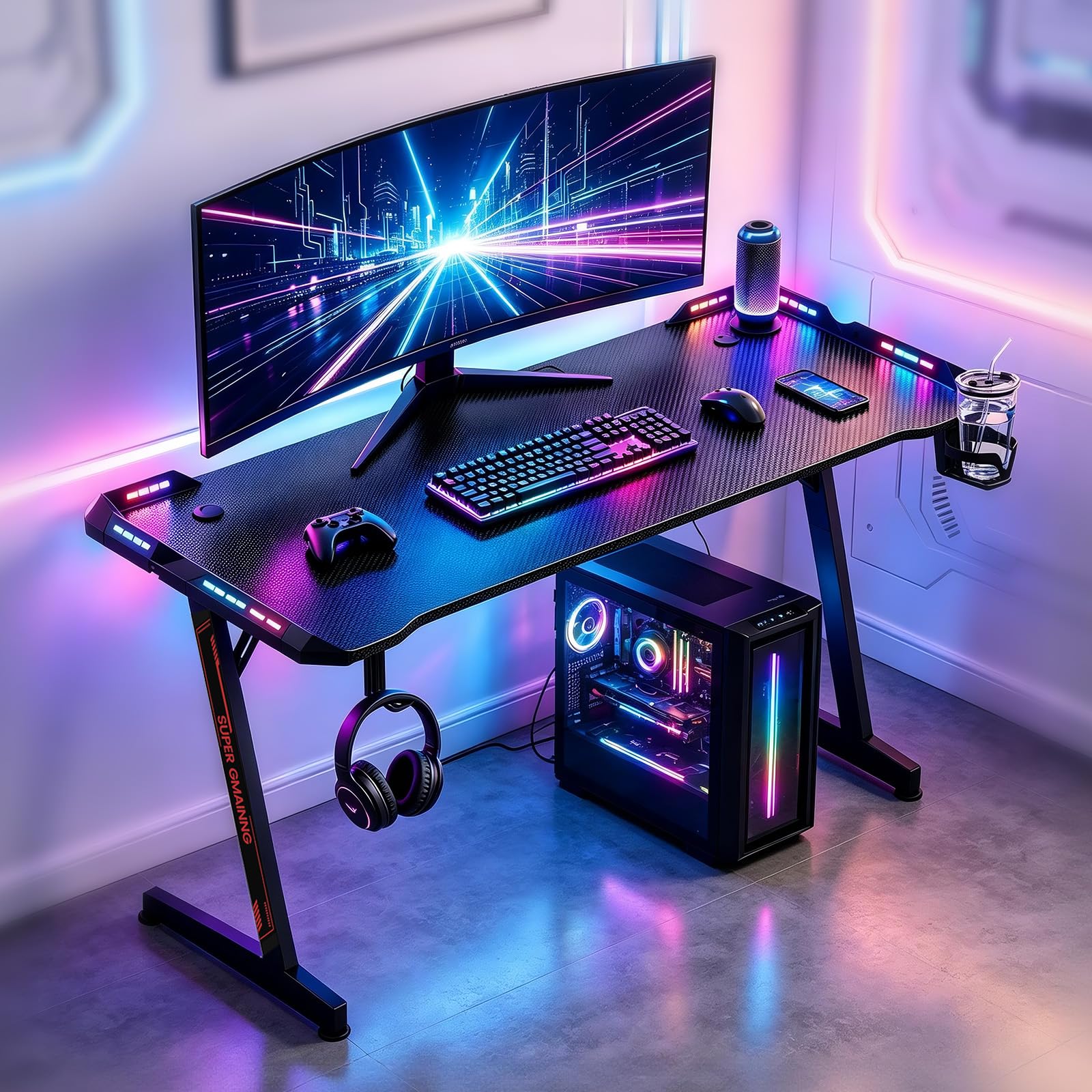 Gaming Tisch L07 mit LED 140CM – PC Schreibtisch mit Carbon-Oberfläche, 2 RGB LED Streifen (352 Modi, 10 Helligkeitsstufen), Z-förmiger Stahlrahmen bis 80kg, Getränkehalter & Kopfhörerhaken