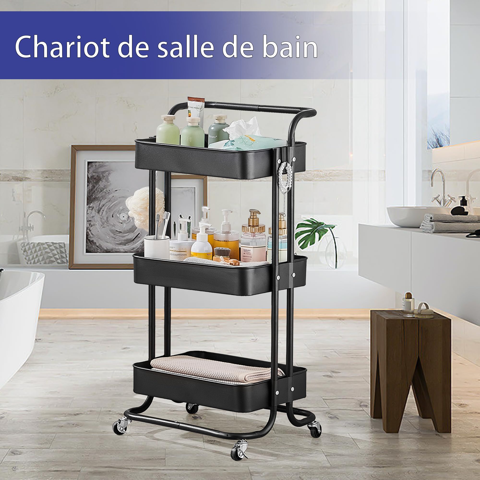 Chariot de Service Chariot de Cuisine Étagère de Cuisine, avec poignée et roulettes verrouillables, Chariot Multi-Usage Amovible, Convient pour la Salle de Bain et la Cuisine, Noir