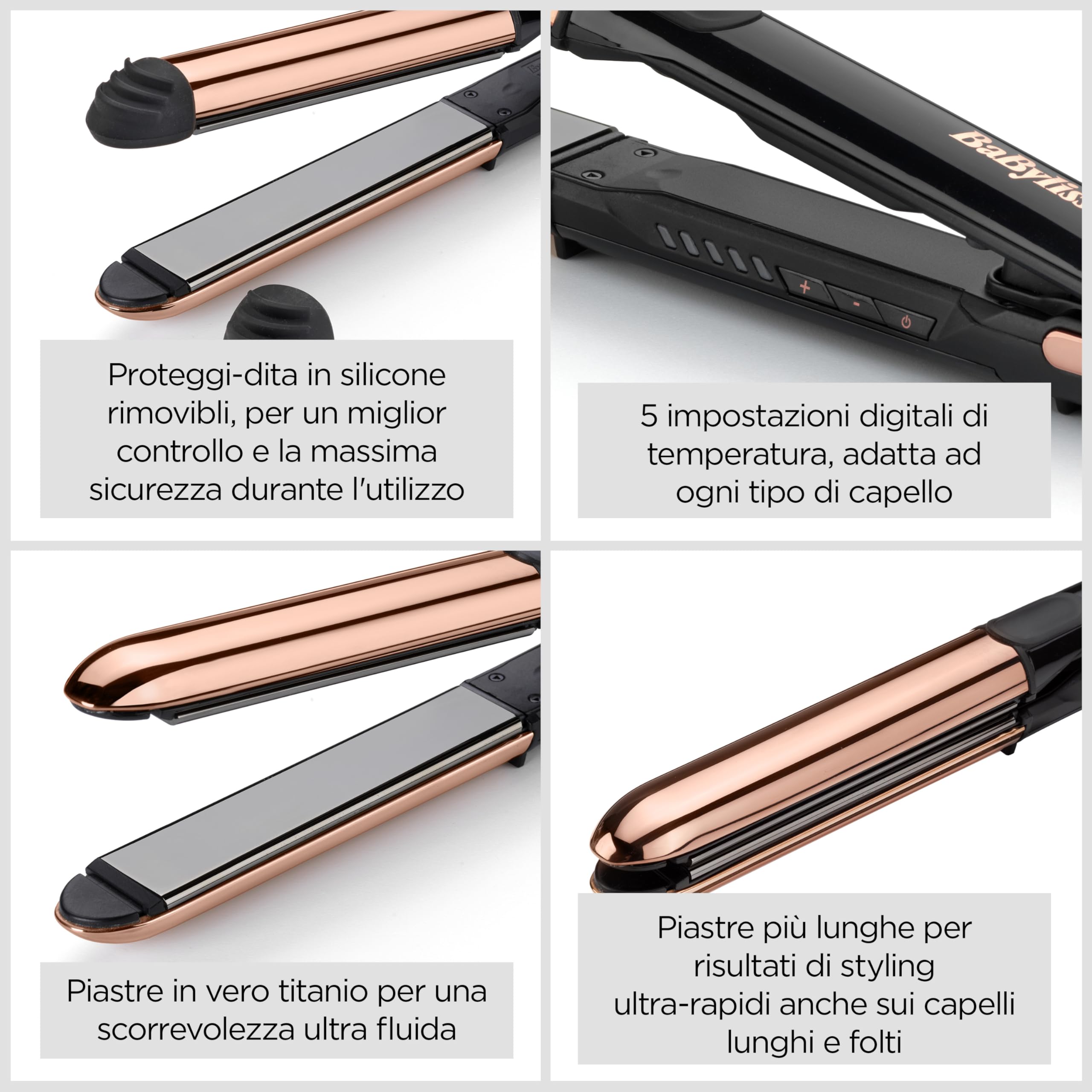 BaByliss Piastra Capelli Straight And Curl Brilliance, Piastre in Titanio, Funzione anti-crespo, riscaldamento in 15sec, Design esterno curvo in acciaio, 5 temperature fino a 235°C, ST482E