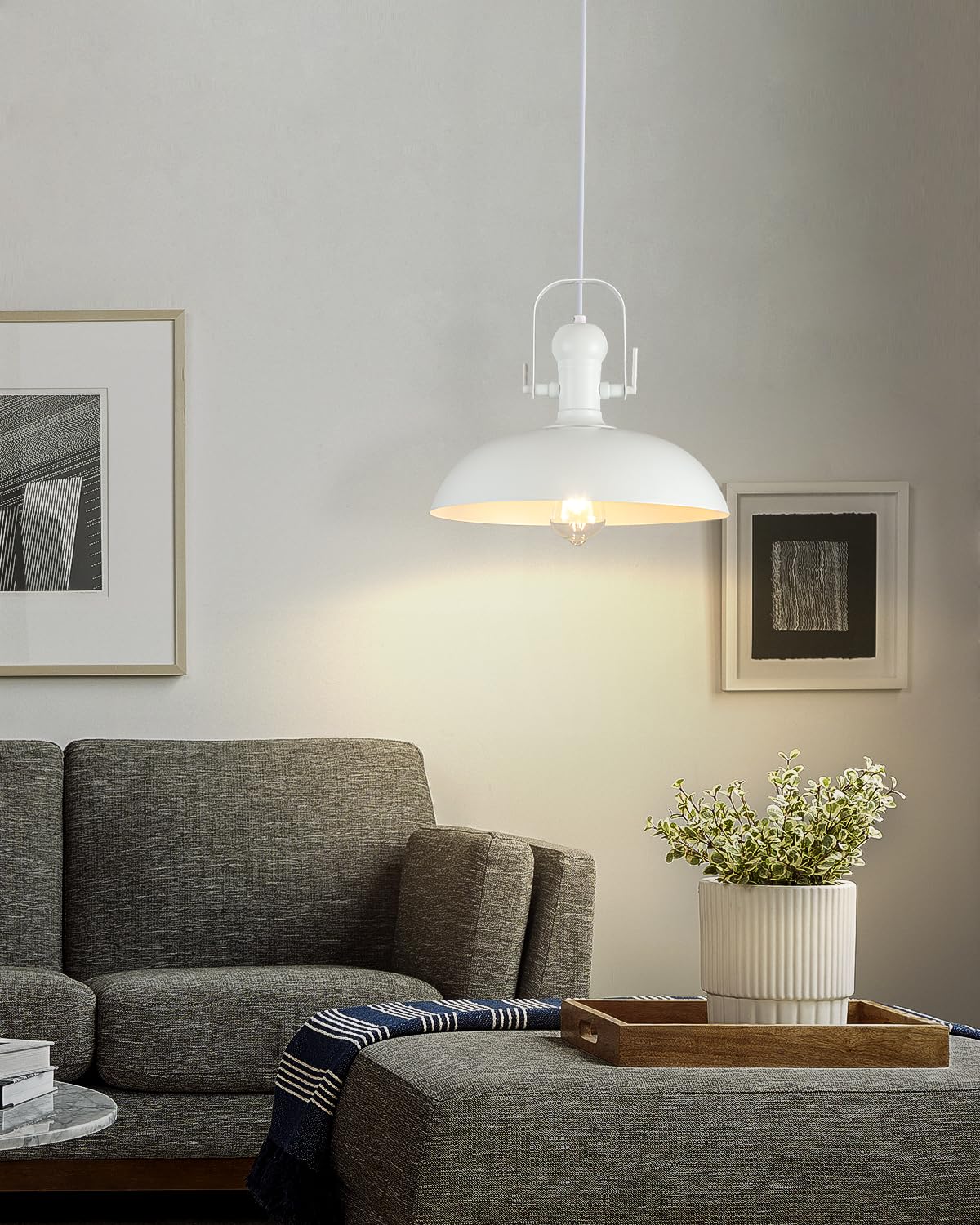 White Pendant Lights Kitchen Island 1 Pack, 13.8 Inch Dome Pendant Light, White Farmhouse Pendant Light, Industrial Pendant Lights for Kitchen Barn Hallway Porch Dining Room