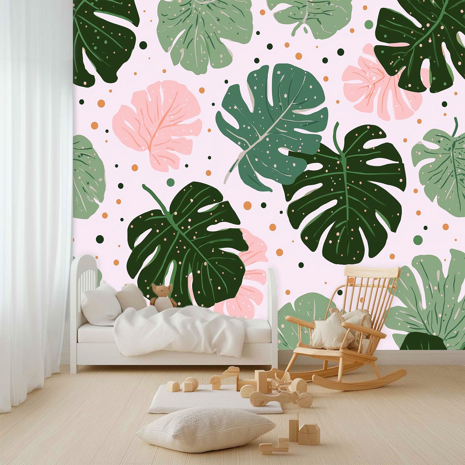 Profesjonalna tapeta z włókniny 200 x 140 cm, odporna na zabrudzenia tapeta do kuchni i jadalni, dekoracja ścienna nordycka biała tropikalna monstera kropki