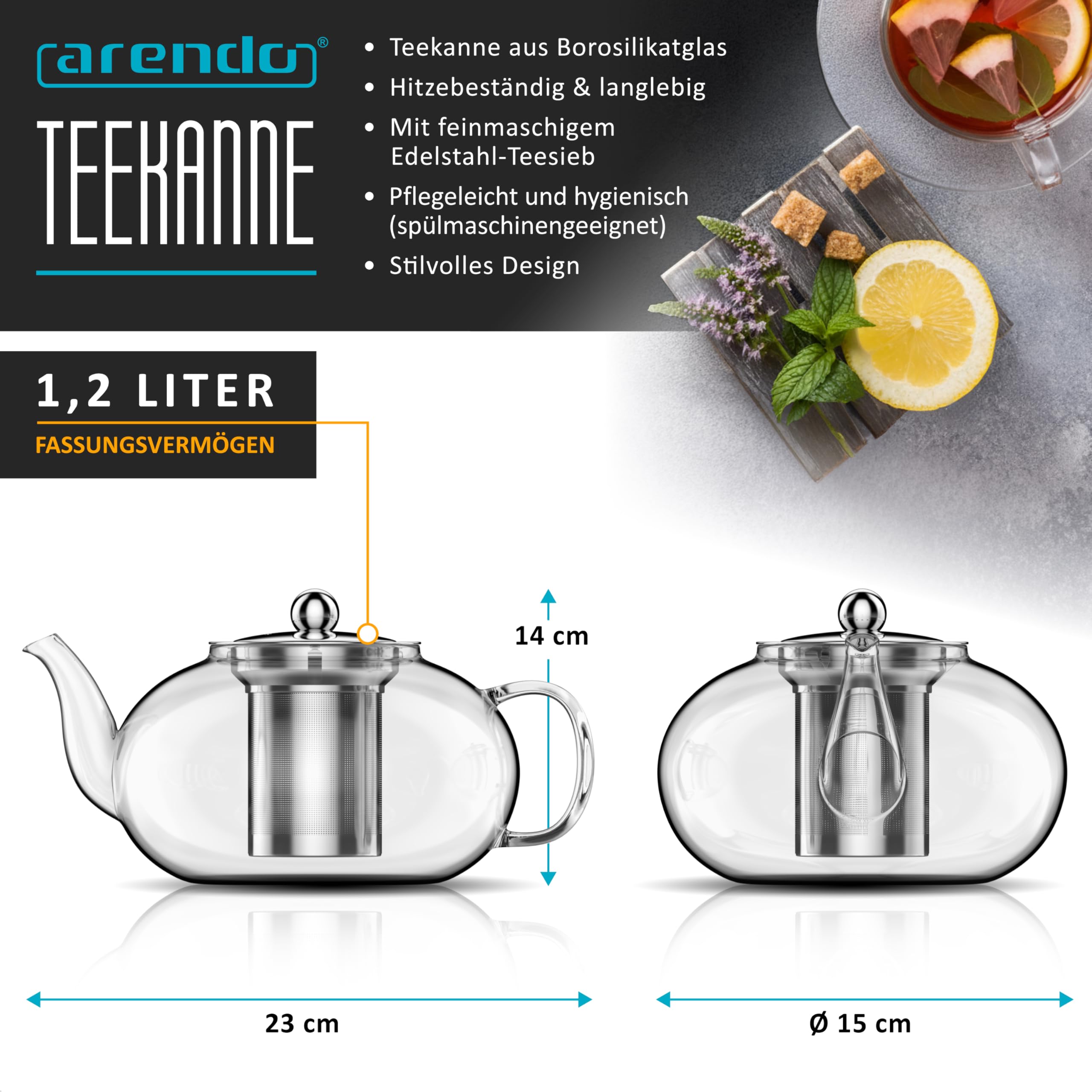 Arendo - Teekanne Glas mit Sieb - 1200 ml – aus Borosilikatglas – mit Edelstahlsieb – feinmaschig – hitzebeständig – Glasteekanne – für losen Tee Kräutertee Früchtetee – Teekocher – langlebig – feinma