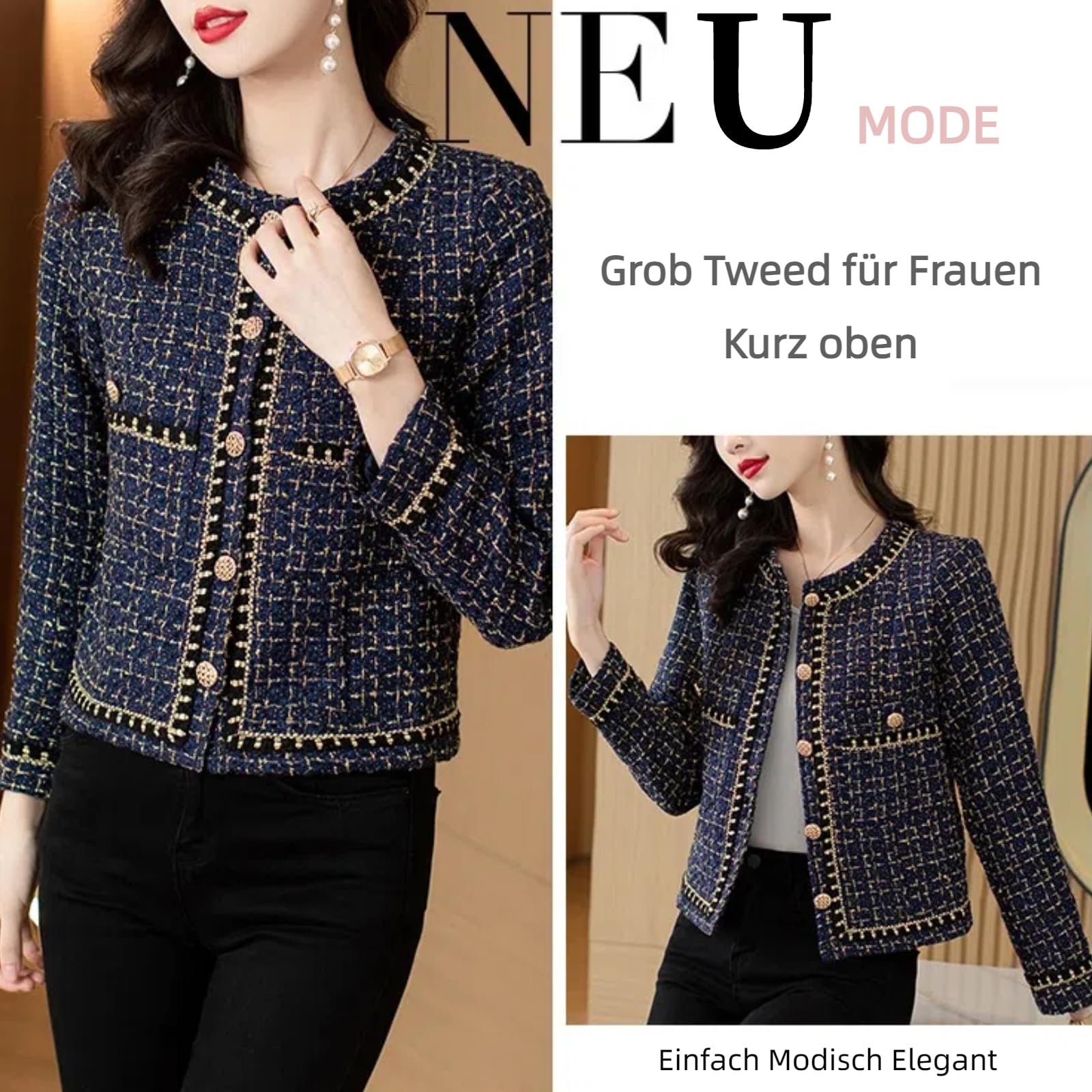 Tweed Blazer Damen im Chanel Stil | Damen Elegante Rundhals Tweed Jacken Kleine Duftende Stil Jacke Mantel Tops