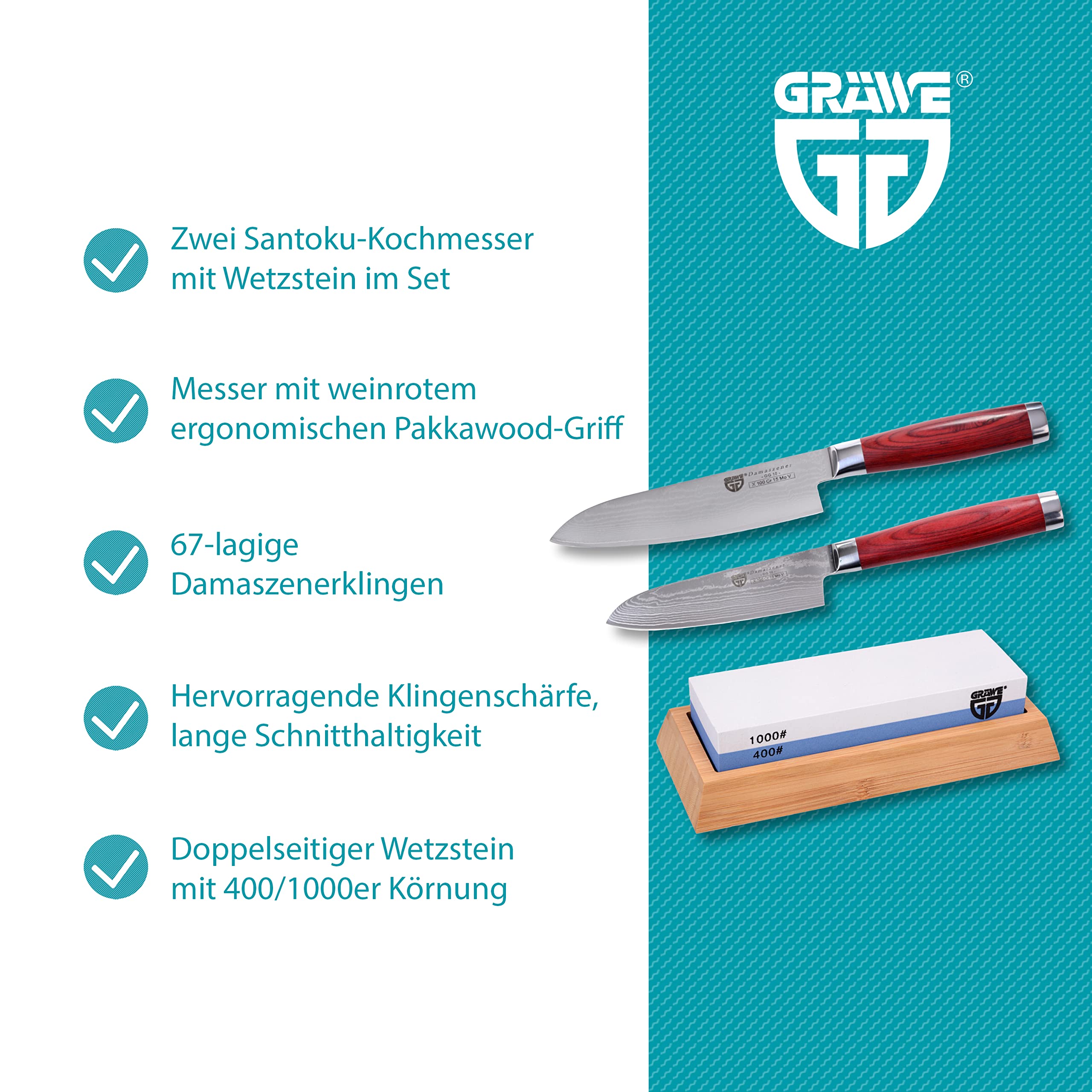 GRÄWE zestaw noży Santoku, 2 sztuki, nóż damasceński z drewnianym uchwytem, ostrze 12 cm i 17 cm w zestawie z osełką 400/1000
