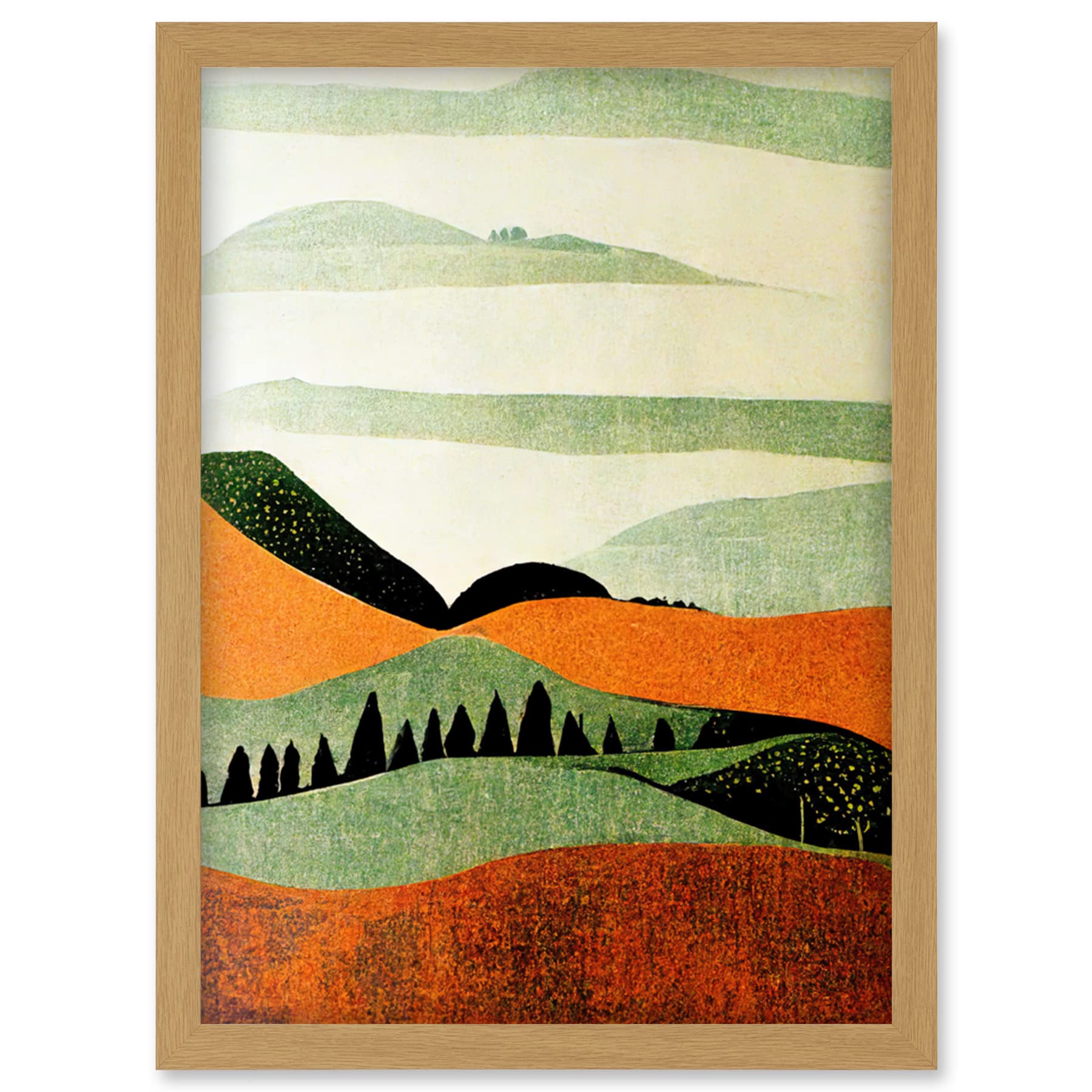Doppelganger33 LTD Abstract Eclectic Tangerine And Olive Nature Landscape Linocut Minimalism Drawing Artwork Framed Wall Art Print A4