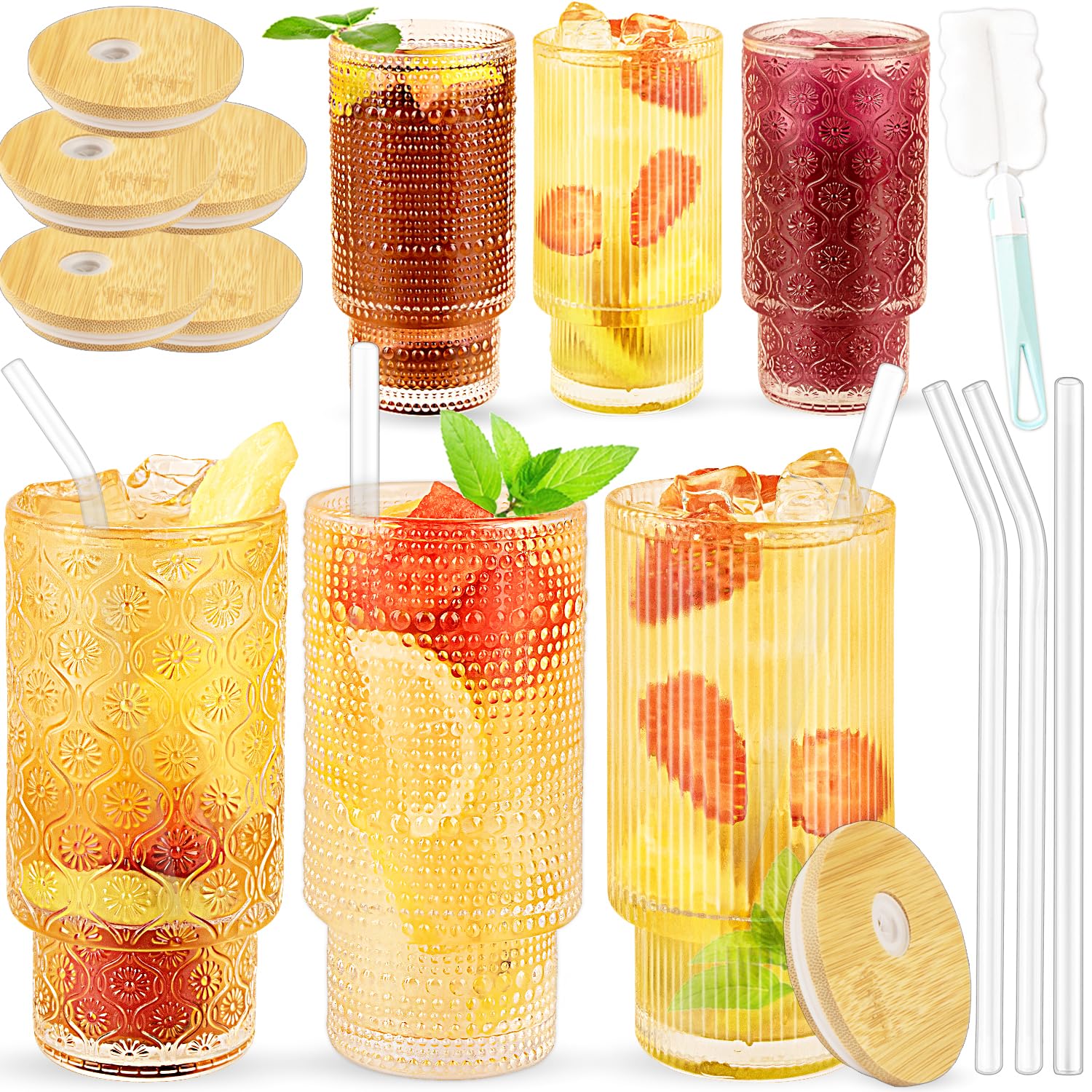 Gusnilo 6 Pcs Set 11oz Glass Cups Drinking Glasses with Bamboo Lids and Straws,Stackable Glasses，Hobnail Drinking Glasses,Embossed Drinking Glass Cup for Coffee, Tea,Vintage Juice Cup(Clear (6Pcs))