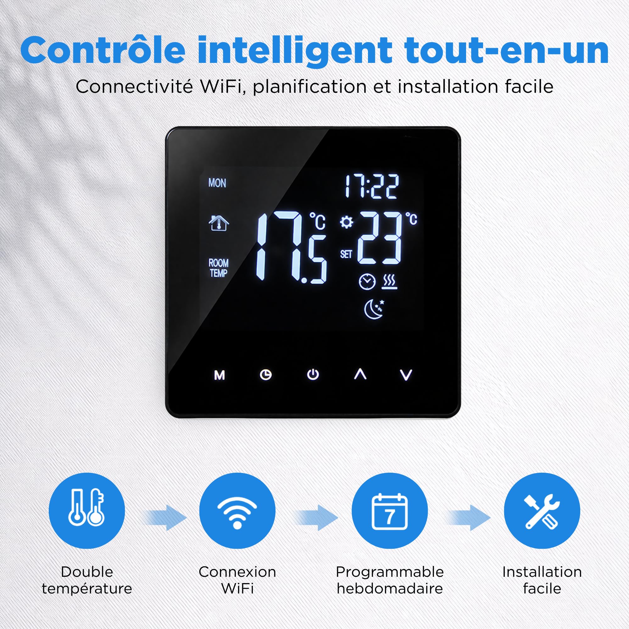 BeFit24 WiFi Thermostat pour Plancher Chauffant | Thermostat WiFi Tuya | Thermostat Mural Connecte Prog 7 J | LCD Afficher | Compatible Alexa & Google Assistant | 16A 3600W