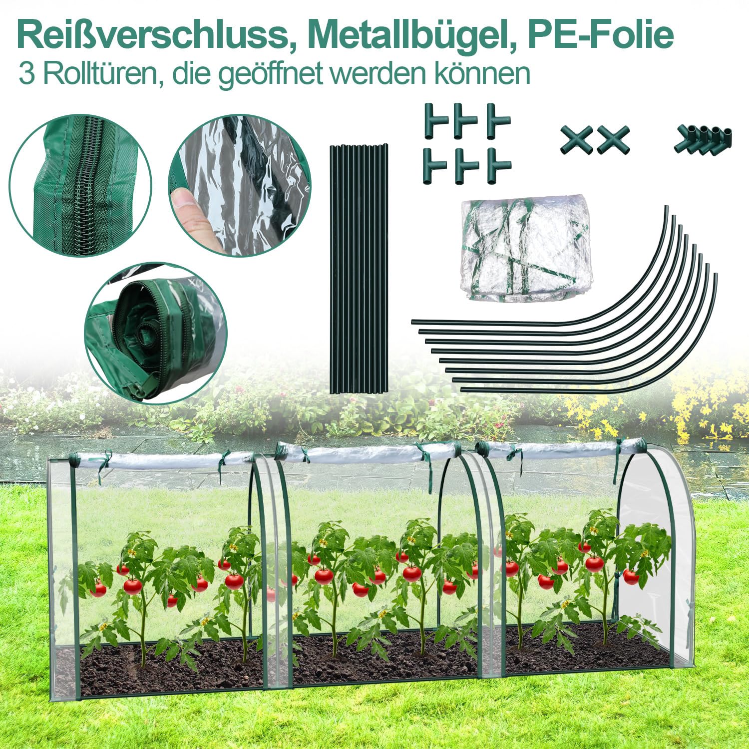 270 x 90 x 90 cm, szklarnia na balkon, mała szklarnia z przezroczystej folii PCW z rurą stalową 16 mm, do wchodzenia na taras i do ogrodu, ochrona przed mrozem i deszczem