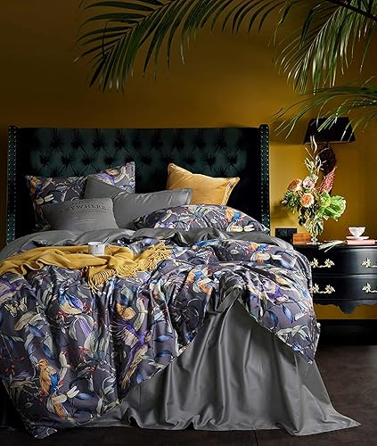 Miniatura 4 de Eikei Home Chinoiserie - Juego de ropa de cama de algodón de fibra larga con diseño floral de pavo real, jardín del paraíso botánico, pájaros y