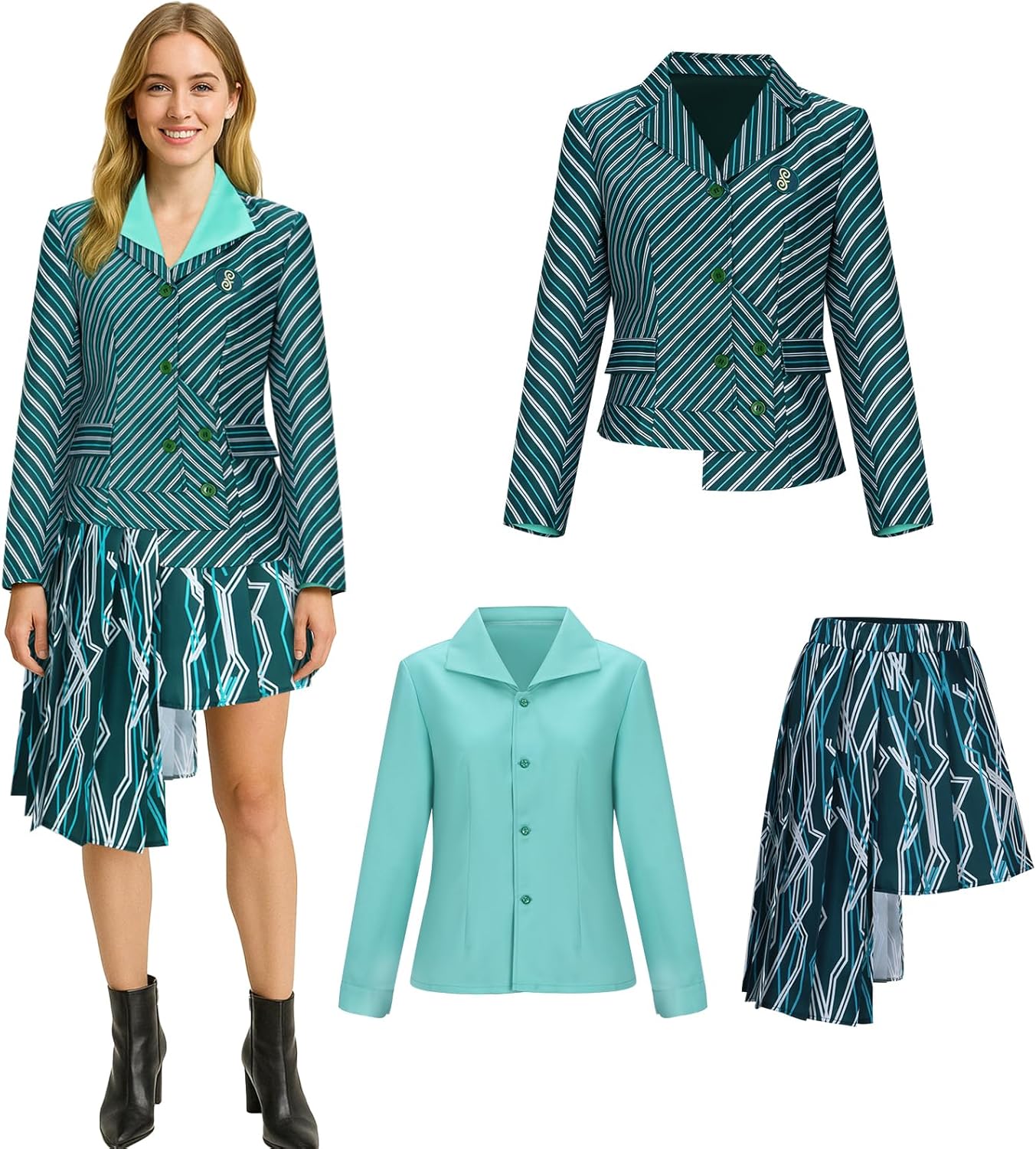 AMNPOLEN Women ShenShen Costume Witch Striped School Uniform Shirt Jacket Skirt Outfit Halloween Movie Cosplay Set