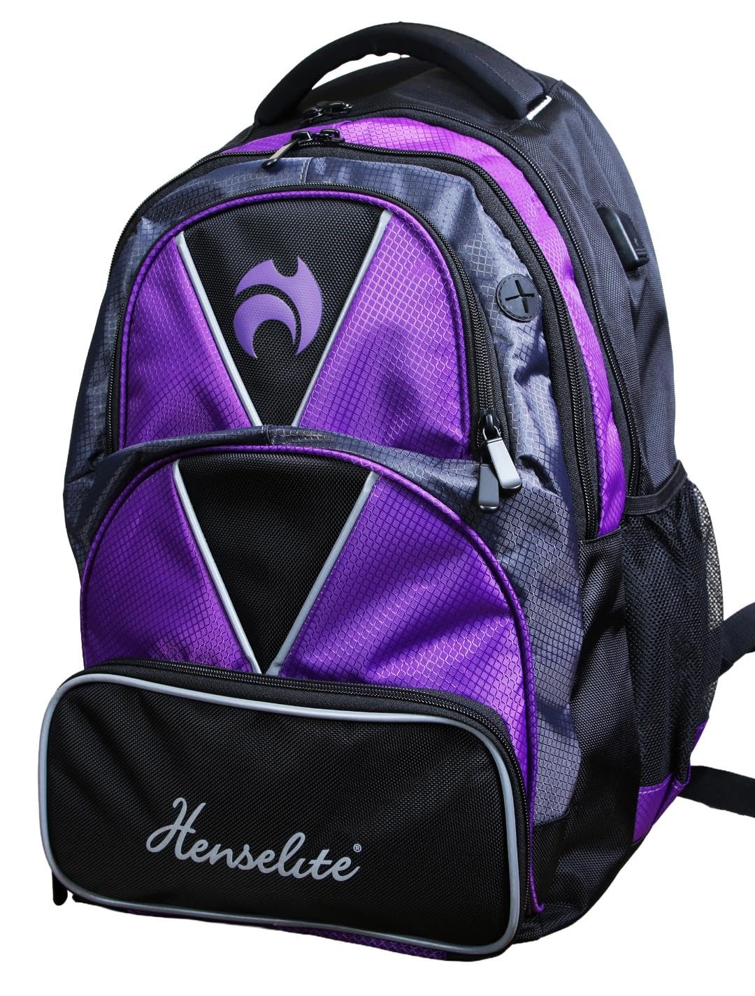 Henselite Lawn Bowls Backpack, Polyester, Holds Four Bowls, 5 Zipped Compartments, Built-in USB Charging Port, 40x37x40cm (Black & Purple)