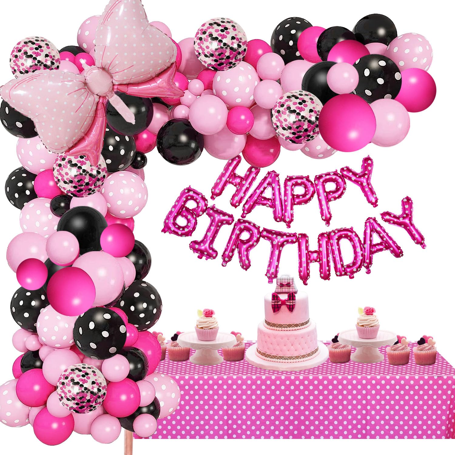 Pink Mouse Balloon Garland Arch Kit for Cartoon Mouse Theme Birthday Party Decorations Girl Kids, Rose Red Pink Black Bow Foil Balloons birthday