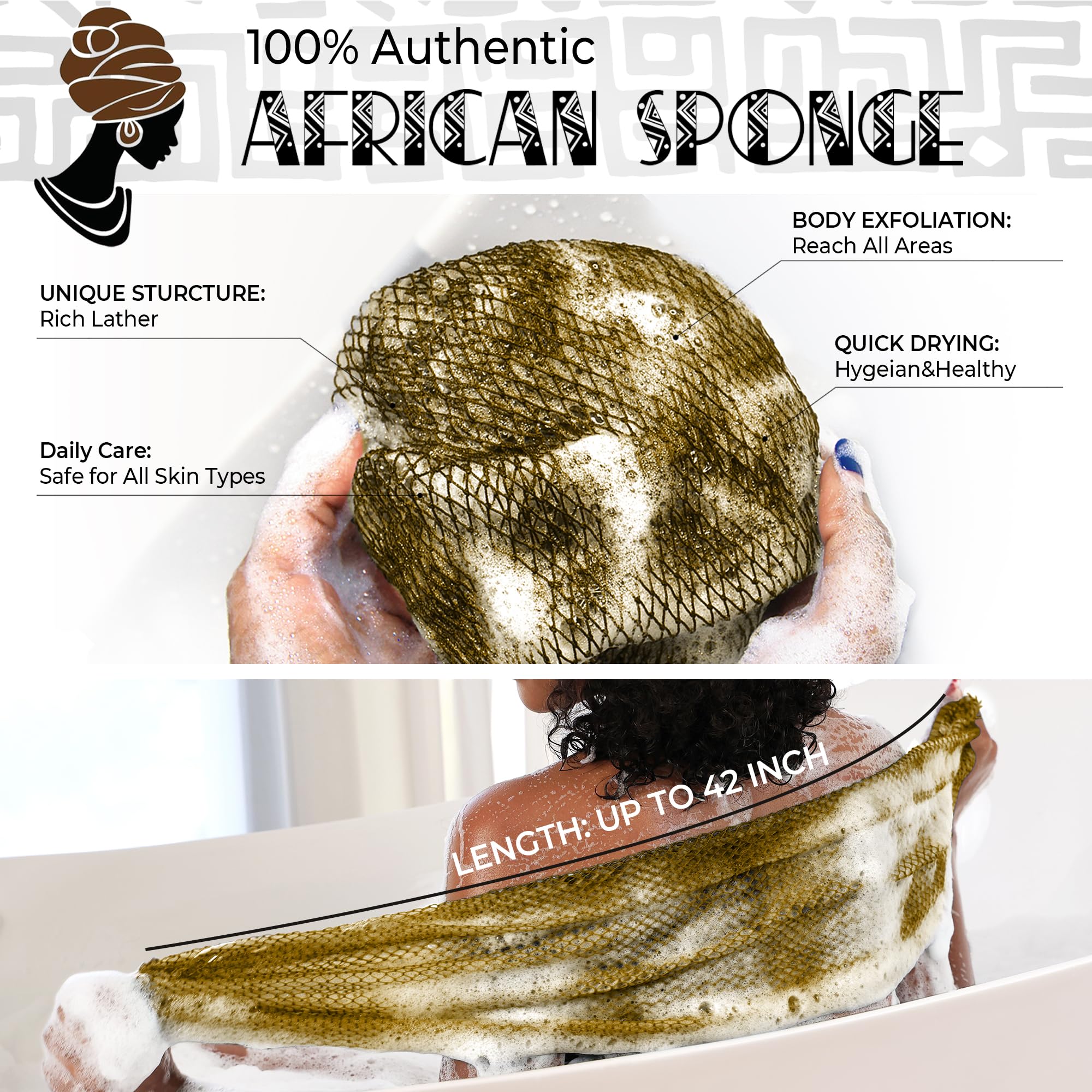 African Net Sponge Authentic – 2 pezzi esfoliante corpo scrubber bagno spugna nera e oro antico – spugna scrubber posteriore per doccia – vera africana scrub esfoliante cura del corpo accessori da