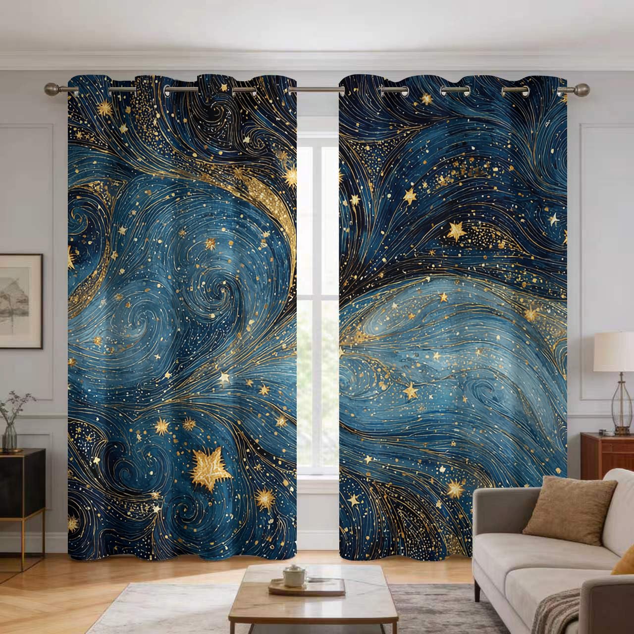 Generisch Sternenhimmel Vorhänge mit Ösen, 2 Stück H 166 x B 75 | Blackout Curtains, Blau Gold Fantasy Celestial Motiv, Thermo Blickdichte Gardinen, Schlafzimmer Wohnzimmer Deko E7997