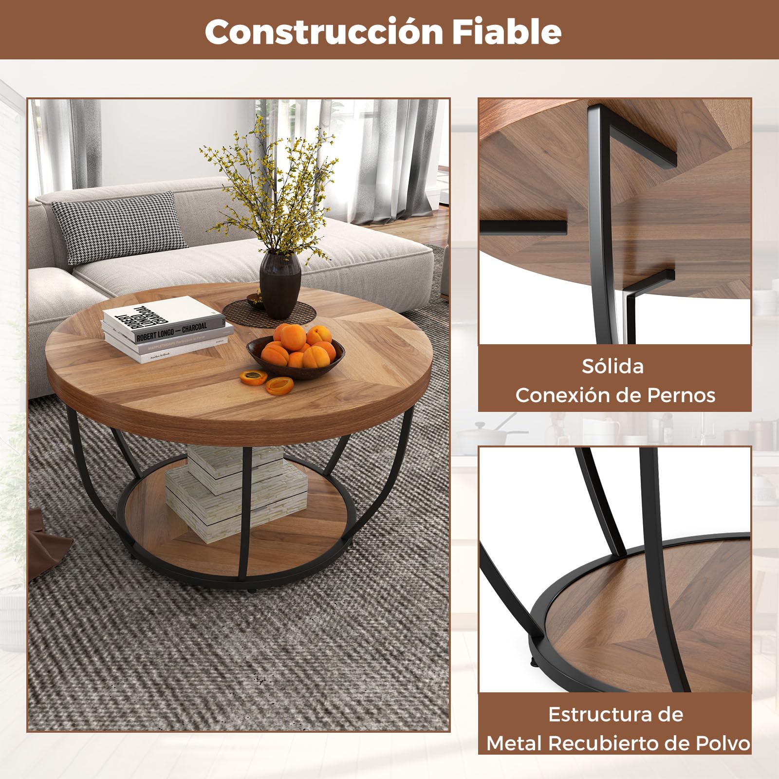 GOPLUS Mesa de Centro Redonda de 2 Niveles, Mesa de Café con Marco Metálico y Estante de Madera, Estilo Rústico con Pies Ajustables, para Salón, Dormitorio y Oficina, Carga 90KG, D.80x45CM (Natural)