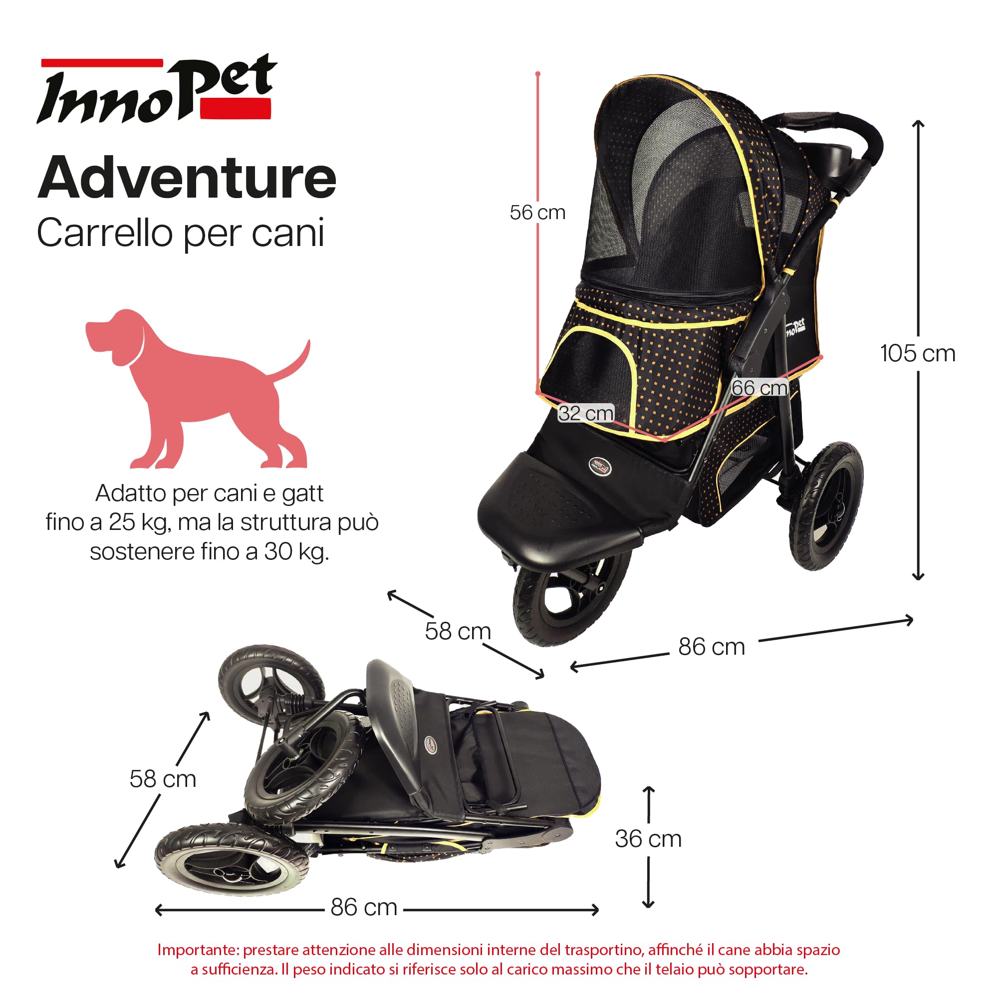 Passeggino Innopet Adventure per cani e gatti, nero/giallo - Passeggino fuoristrada Capacità 30 kg - Ruote antiforatura - Chiusura con una sola mano - Portabicchieri e ampio vano portaoggetti
