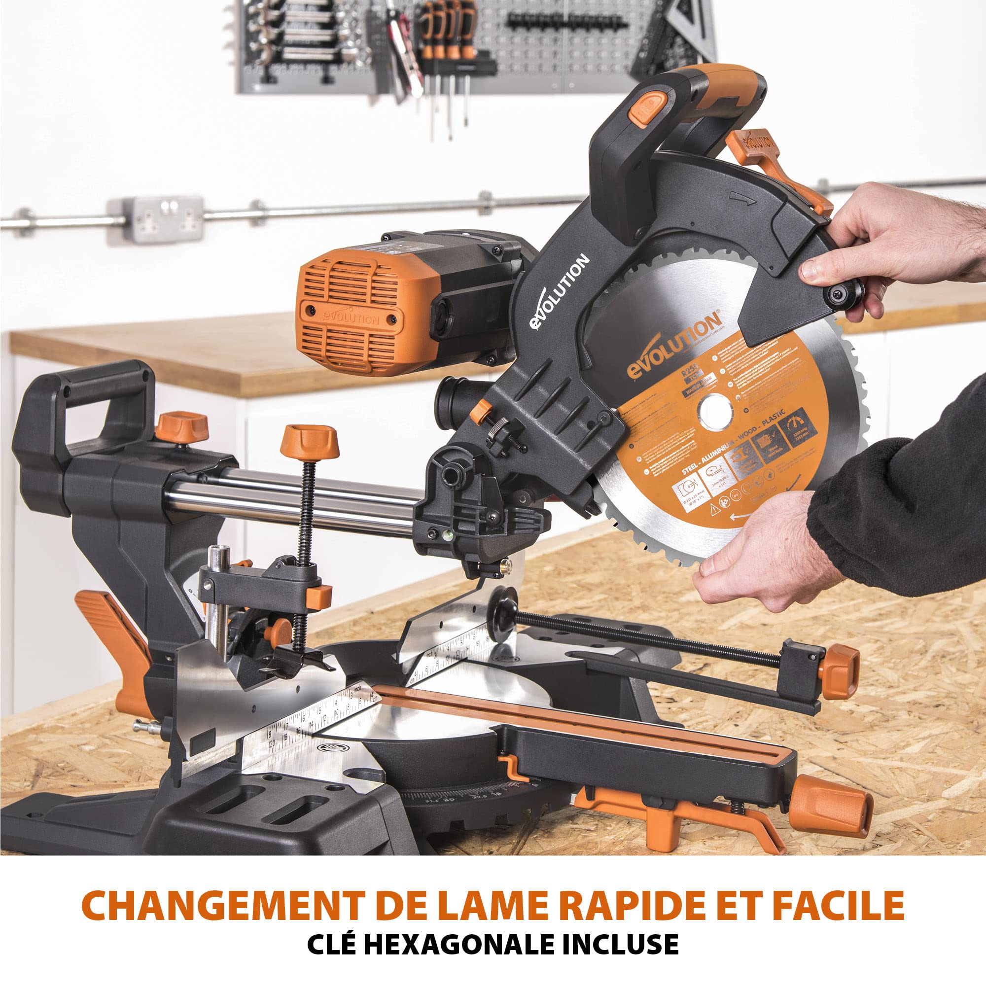 Evolution Power Tools Scie à Onglet Coulissante 255mm R255SMS-DB+ Double Biseau 45-45° Onglet 50-50° Coupe Multi-Matériaux