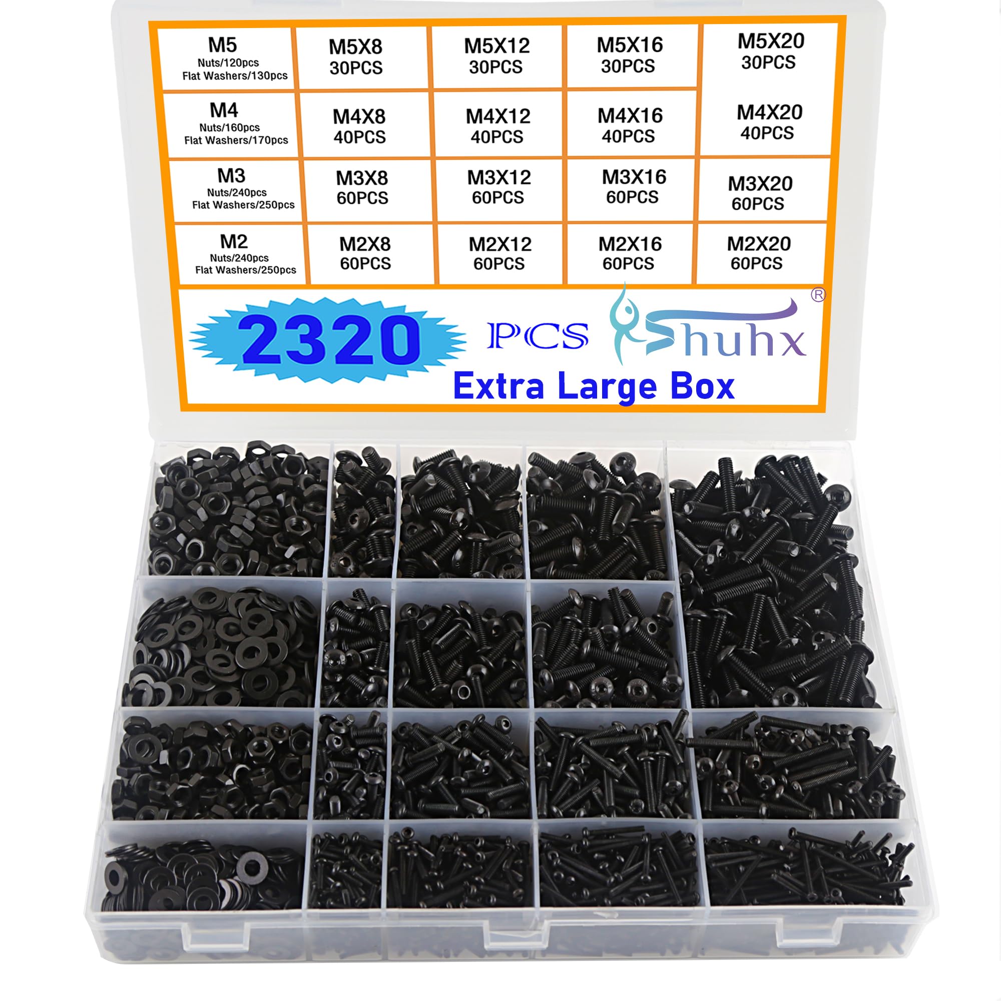 Rshuhx Ext Large Nuts and Bolts Sets Black M2 M3 M4 M5 2320pcs Round Head Allen Bolt Mechanical Screws Washers Nuts and Bolts Assortment Kit DIY Industry Mechanical With Storage Box Hexagonal Wrench