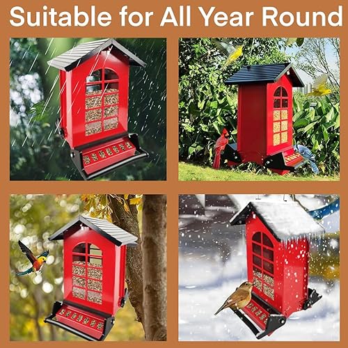 Miniatura 7 de Comedero de pájaros a prueba de ardillas para exteriores, comedero de metal para pájaros con perchas bilaterales activadas por peso, comedero para