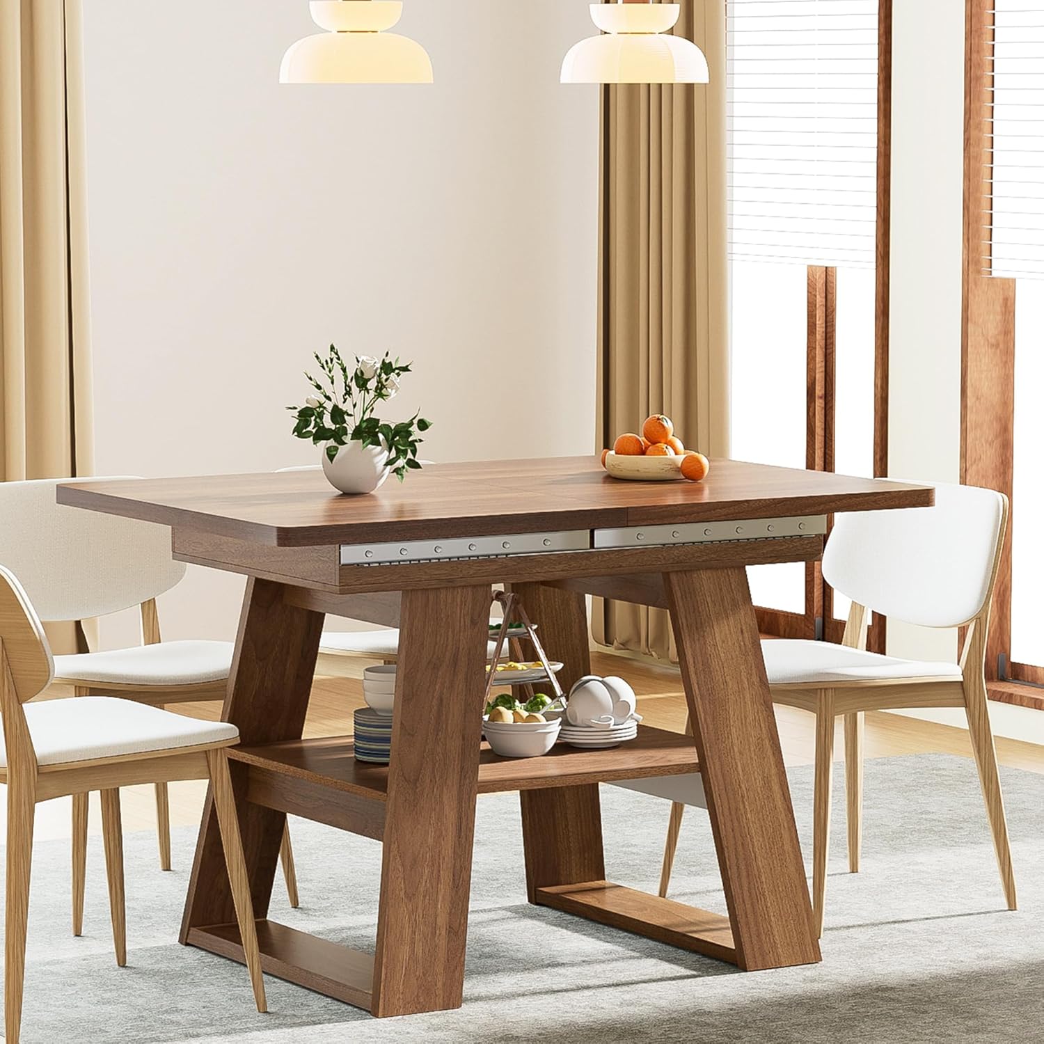 47.24''-66.92'' Extendable Dining Room Table for 4-6, Rectangle Extendable Kitchen Table with Removable Leaves, Space Saving, Wooden Dining Table with Storage Shelf (Style 2, Walnut)