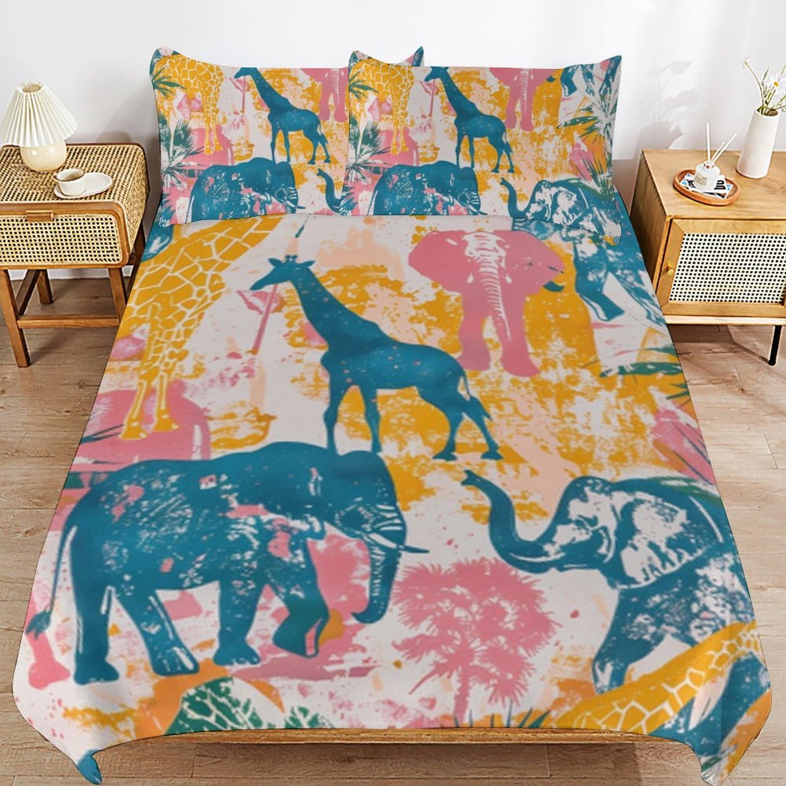 Housse de couette facile à laver parure de lit 3 pièces anti-plis pour lit enfant GiraffeLöwe