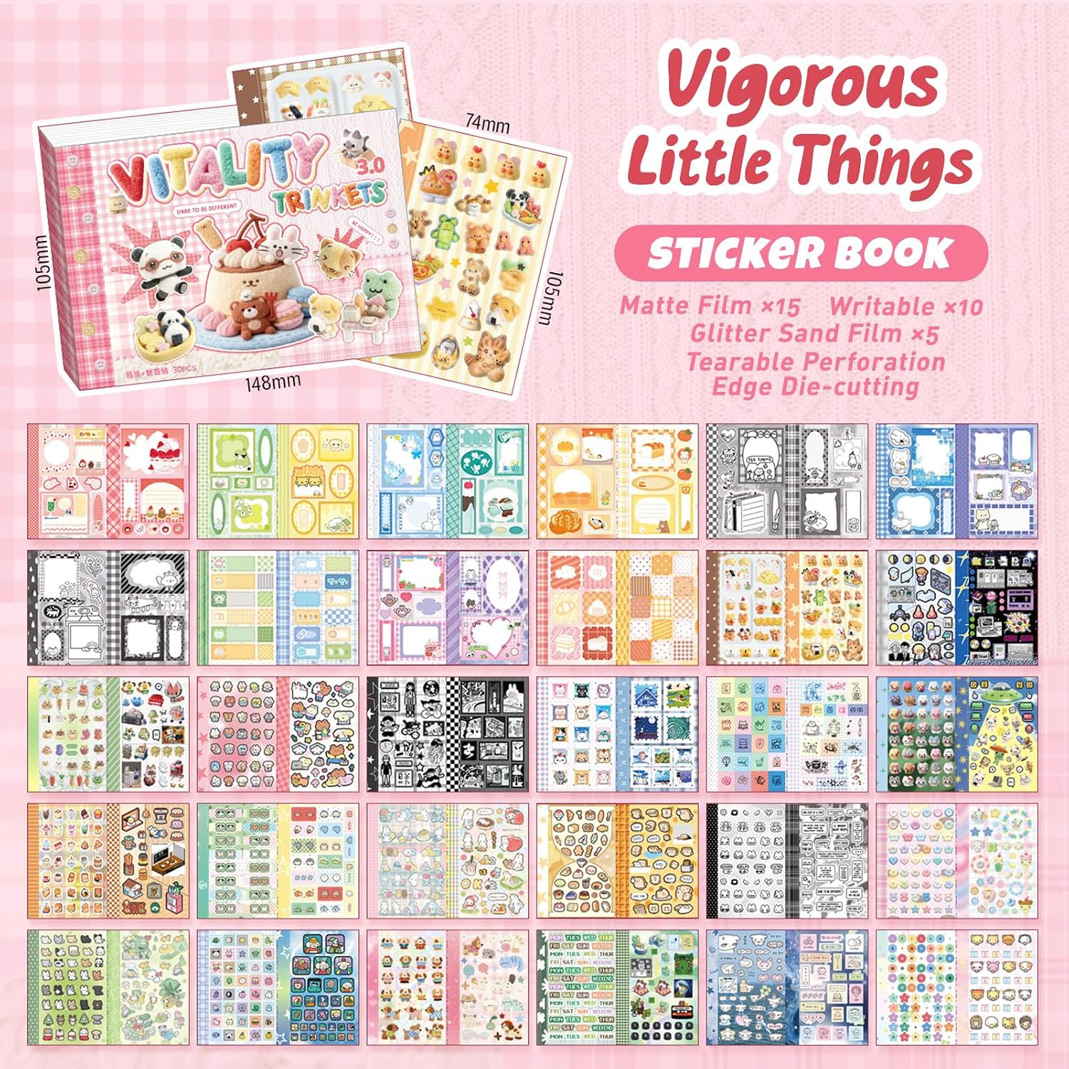 Japanese Manga Style Sticker Book with 30 Sheets of Glitter Sand, Matte Film and Writable Note Stickers for DIY Scrapbooking Journaling(Kawaii Bits - Pink)