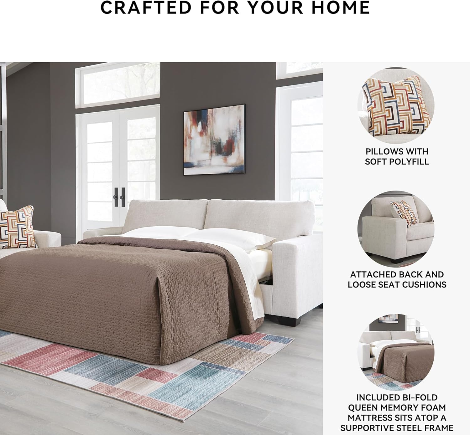 Signature Design by Ashley Aviemore Coastal Sofa Sleeper with Folding Memory Foam Mattress and 2 Accent Pillows, Queen, Beige