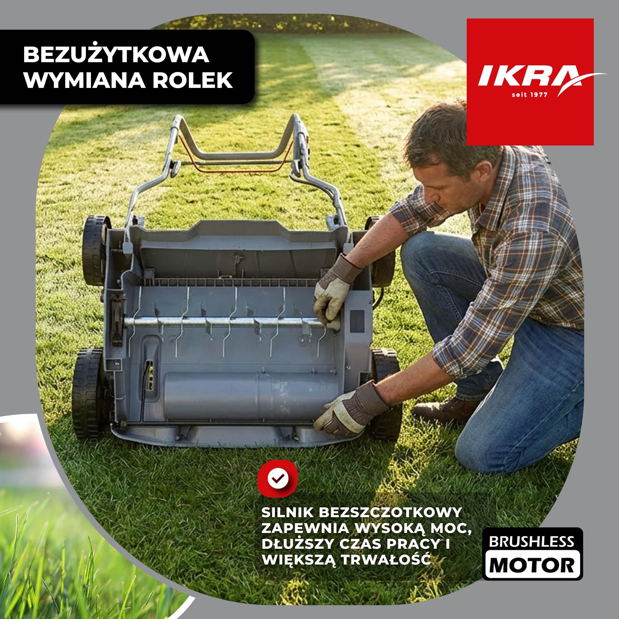IKRA Wertykulator i aerator akumulatorowy 3in1 IAVL 2-2040, szerokość 40cm | 2 akumulatory 20V 4,0 Ah i szybka ładowarka, kosz 30 l, głębokość robocza od +3 do -9 mm, beznarzędziowa wymiana wałka
